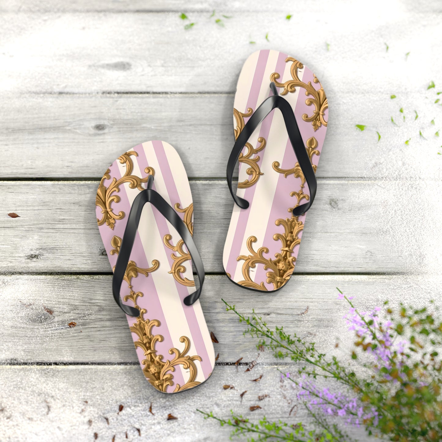 Chic Patterned Flip Flops for Stylish Summer Vibes, Beach Footwear, Vacation Sandals - Lilac & Alabaster Striped Gold Baroque