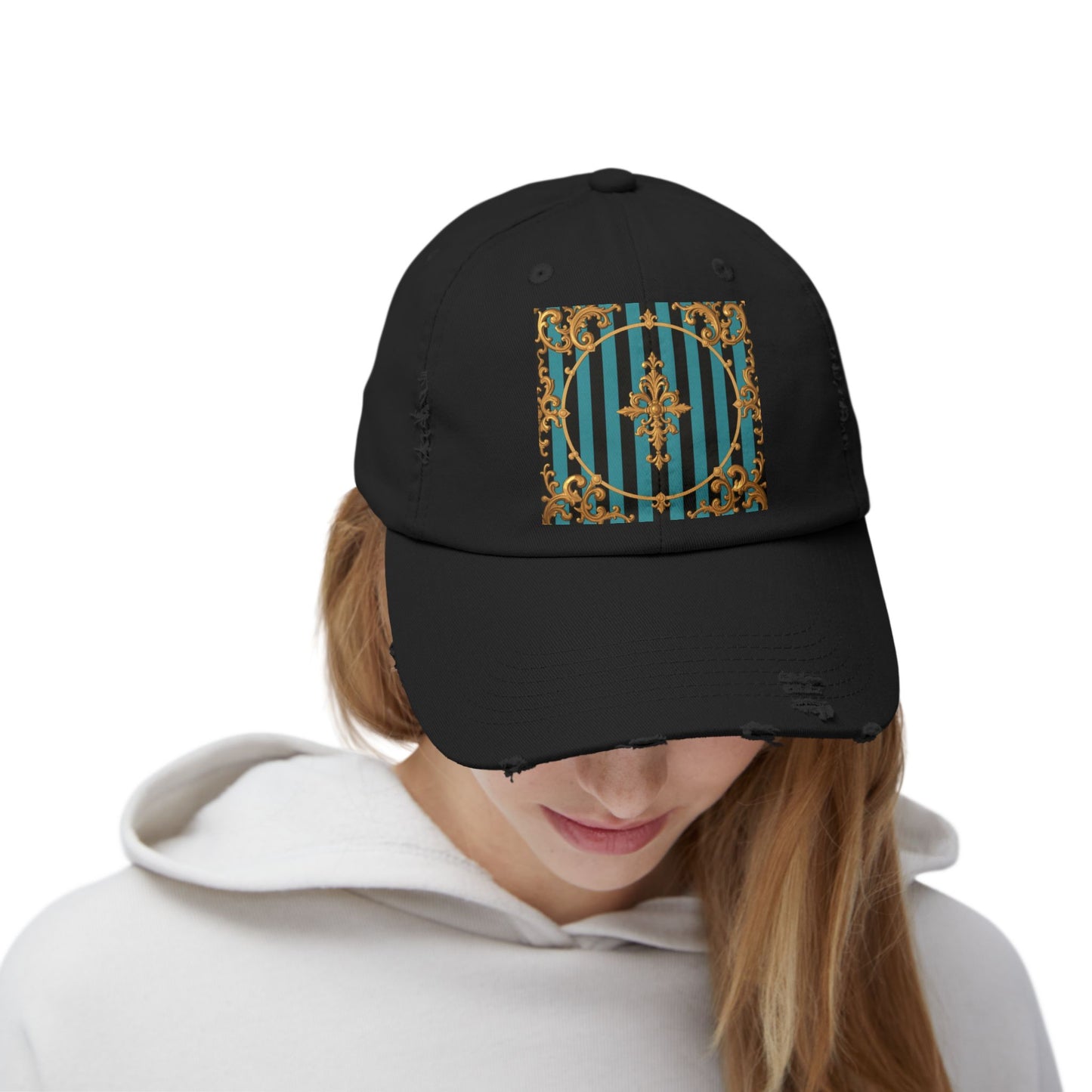 Turquoise & Black Striped Gold Baroque Distressed Cap with Elegant Design, Fashion Accessory for Everyday Wear, Perfect for Festivals, Gifts