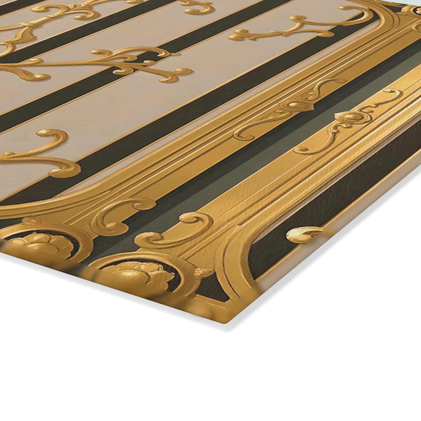 Elegant Decorative Glass Cutting Board | Kitchen Gifts, Home Decor, Wedding Registry, Unique Kitchenware - Beige Striped Gold Rococo