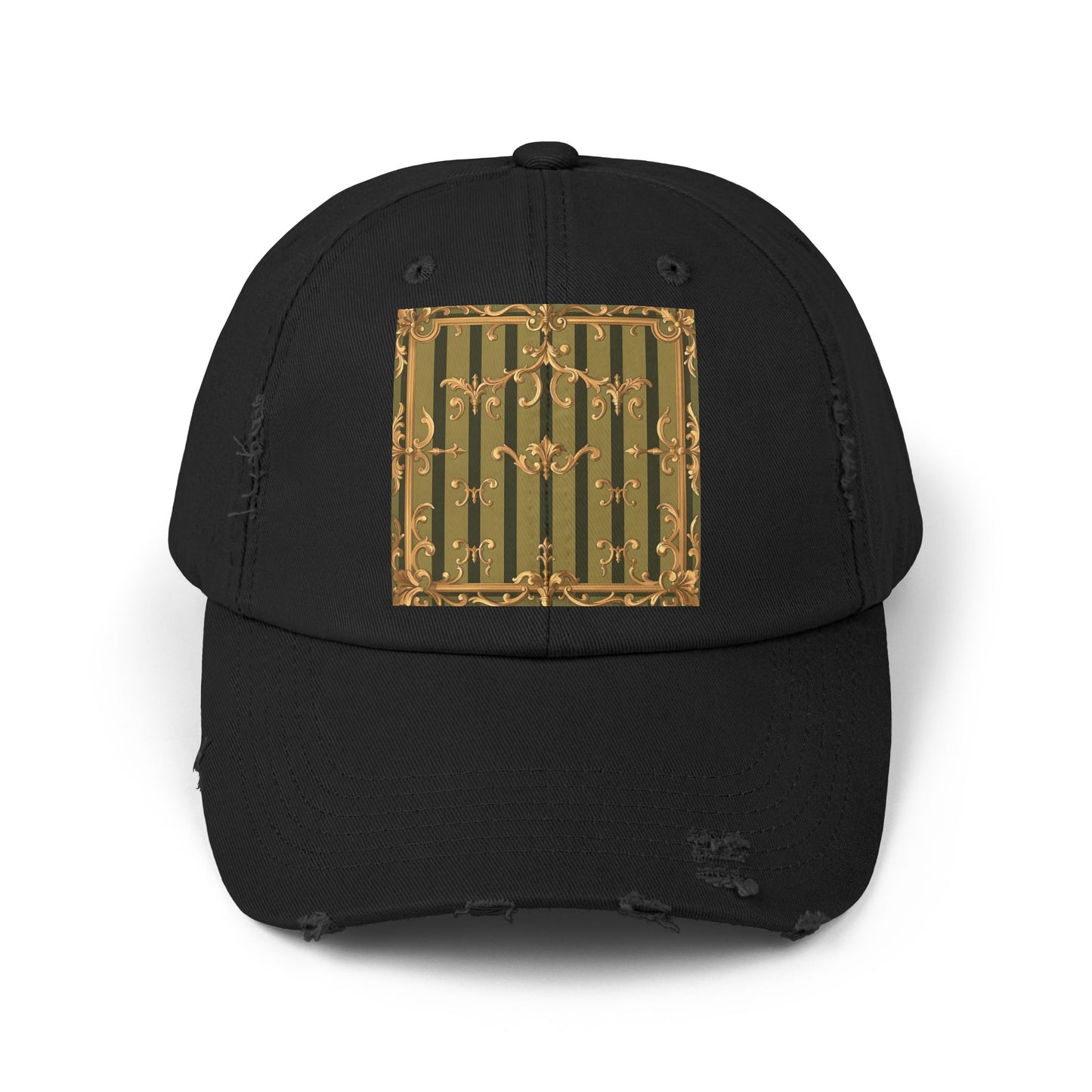 Vintage Distressed Cap with Elegant Gold Design, Fashionable Unisex Hat for Casual Outings - Olive Green Striped Rococo
