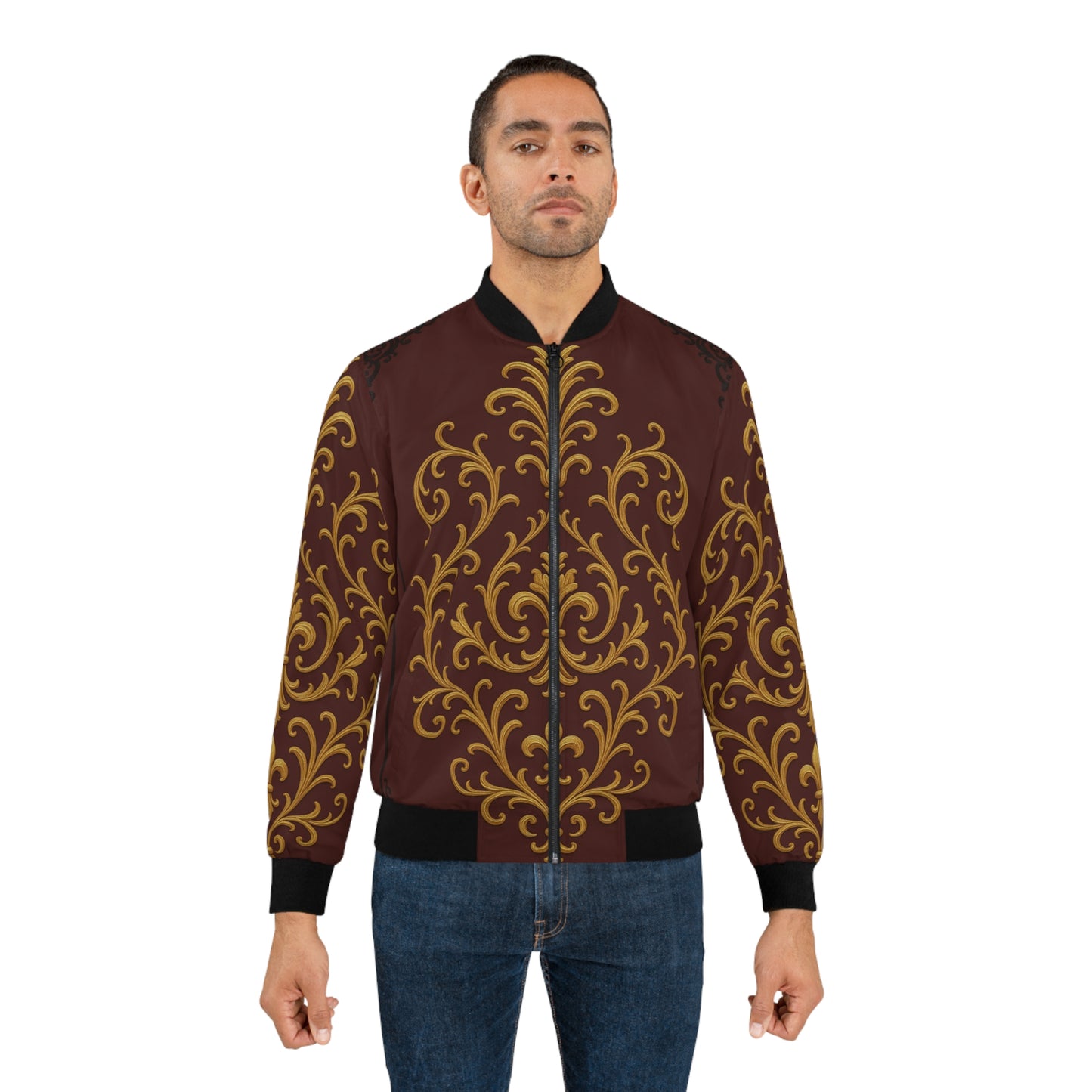 Dusk Burgundy-Black & Gold Baroque Men's Bomber Jacket — Ornate Gold Baroque on Burgundy