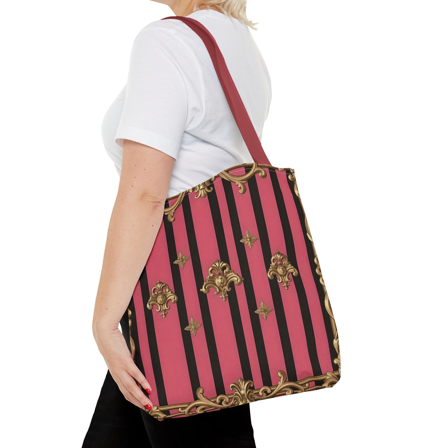 Chic Floral Tote Bag - Elegant Reusable Shopping Bag, Fashion Accessory, Gift for Her, Everyday Use, Eco-Friendly - Pink Striped Gold Rococo