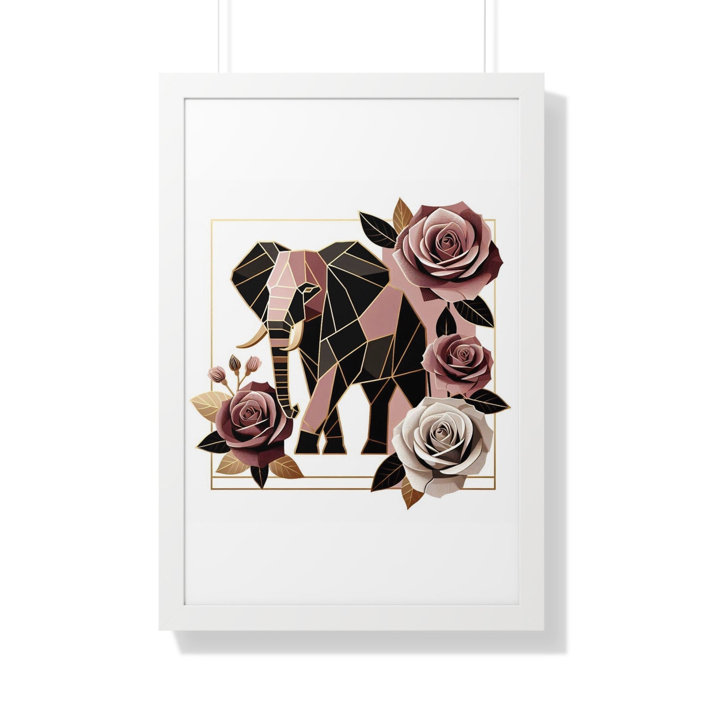 Vertical Poster - Brown & Mauve Elephant & Roses Wall Art