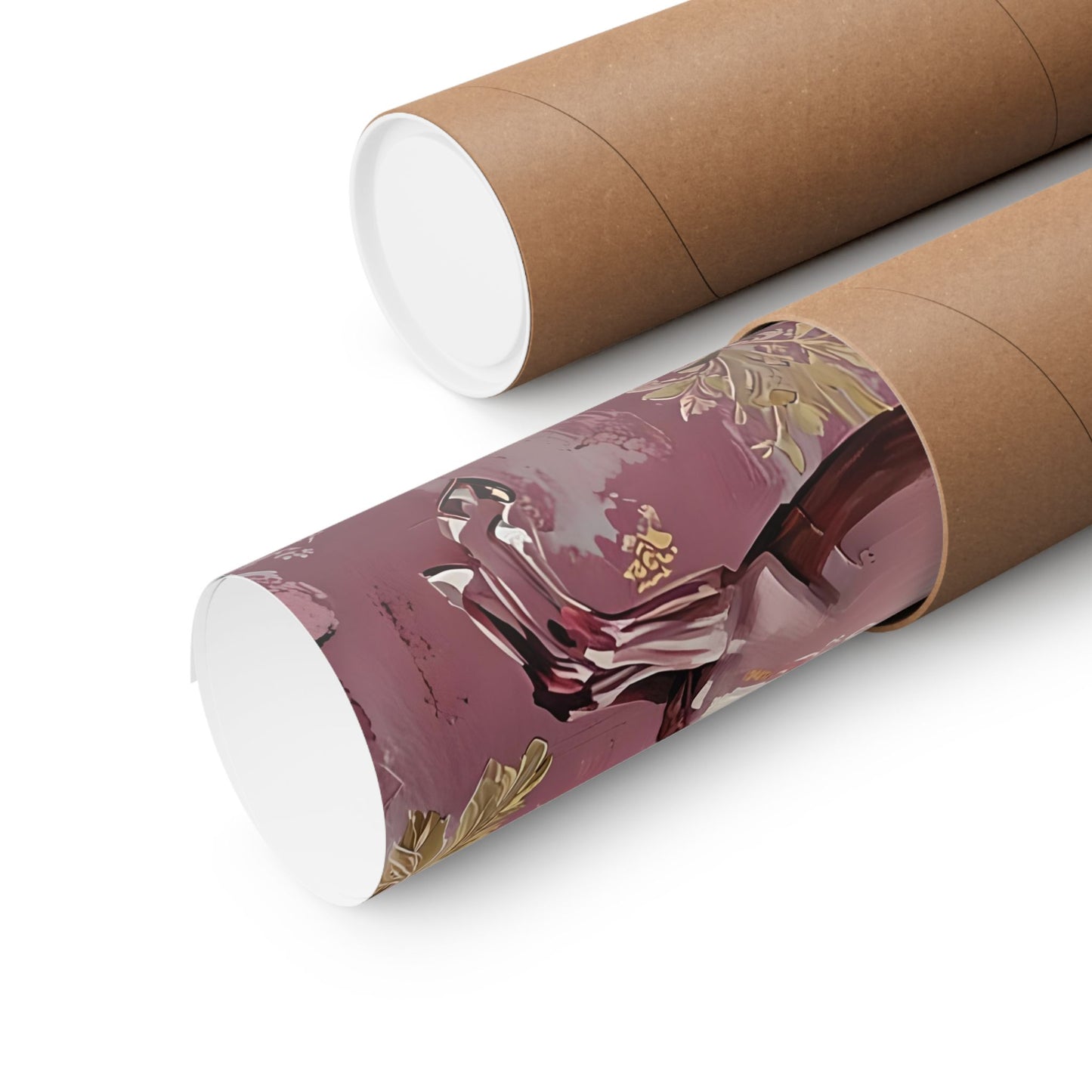Floral Motif Art Poster - Elegant Matte Vertical Wall Decor - Mauve Horse & Gold Damask