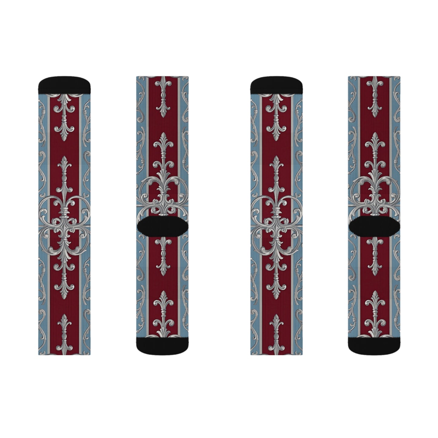 Elegant Sublimation Socks - Vintage Floral Design for Luxe Style - Ice Blue & Burgundy Striped Baroque