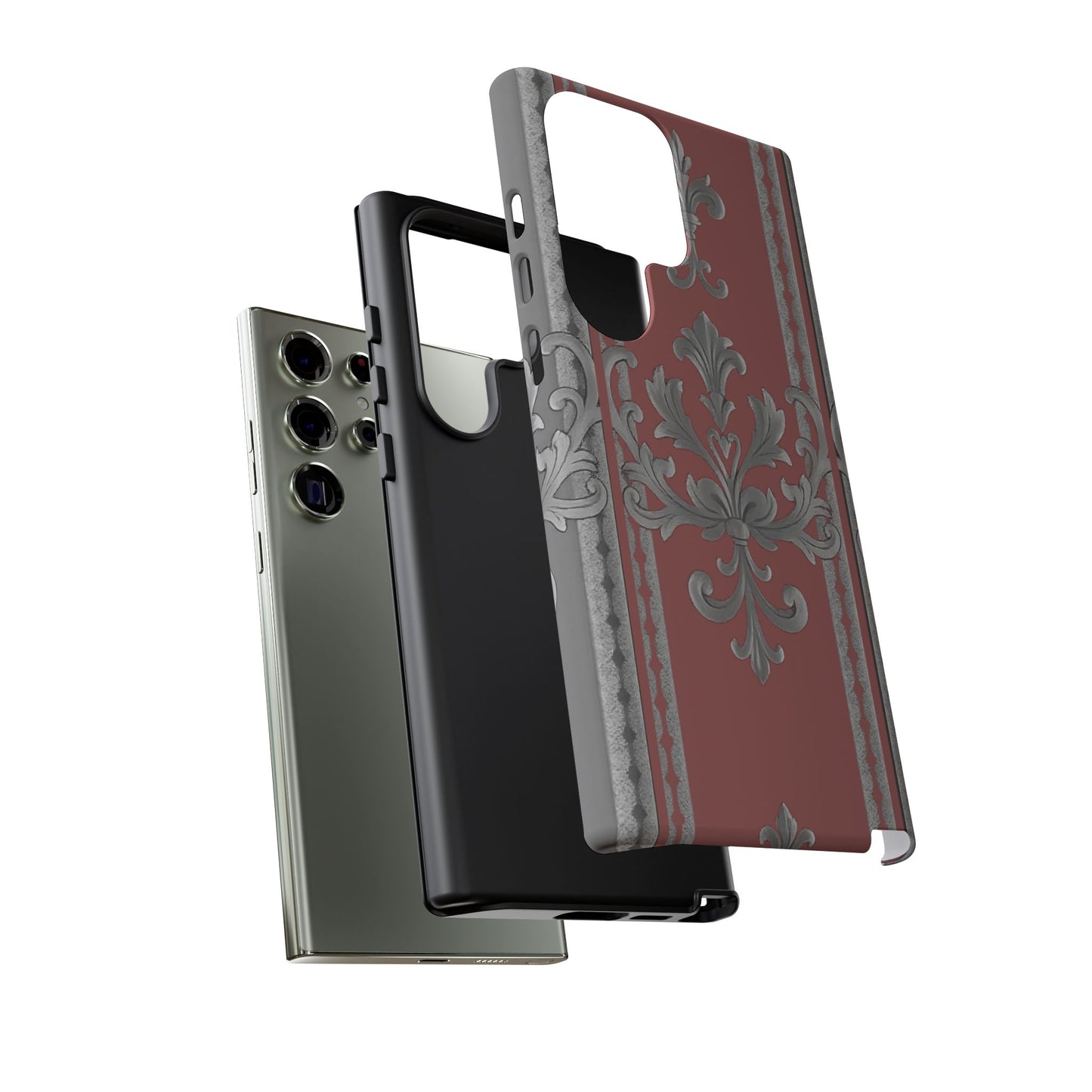 Elegant Floral Phone Case - Tough Cases for Stylish Protection - Gray & Mauve Striped Baroque
