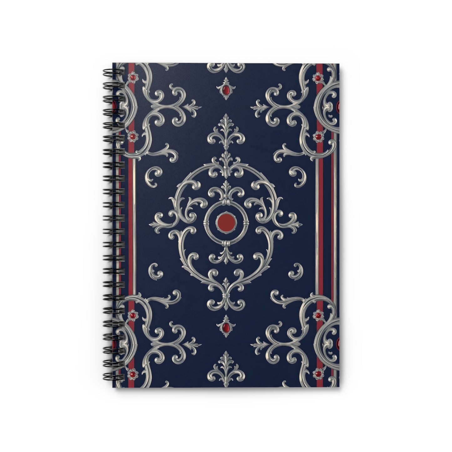 Elegant Spiral Notebook - Ruled Lines, Journal for Writing, Decorative Note Notebook, Gift for Students - Blue & Red Striped Silver Baroque