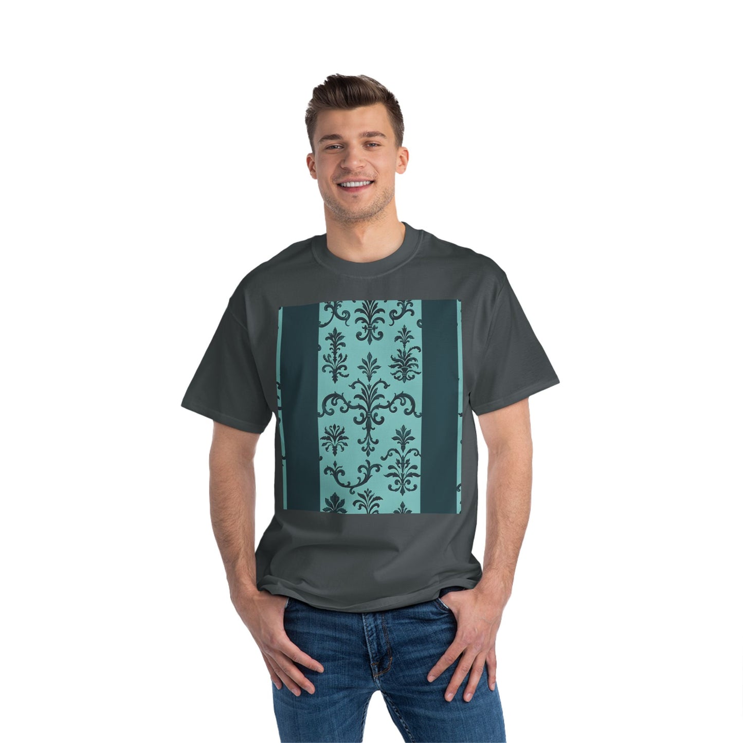 Elegant Floral T-Shirt - Vintage Design, Casual Wear, Gift for Her, Summer Fashion, Stylish Tee - Teal Striped Rococo