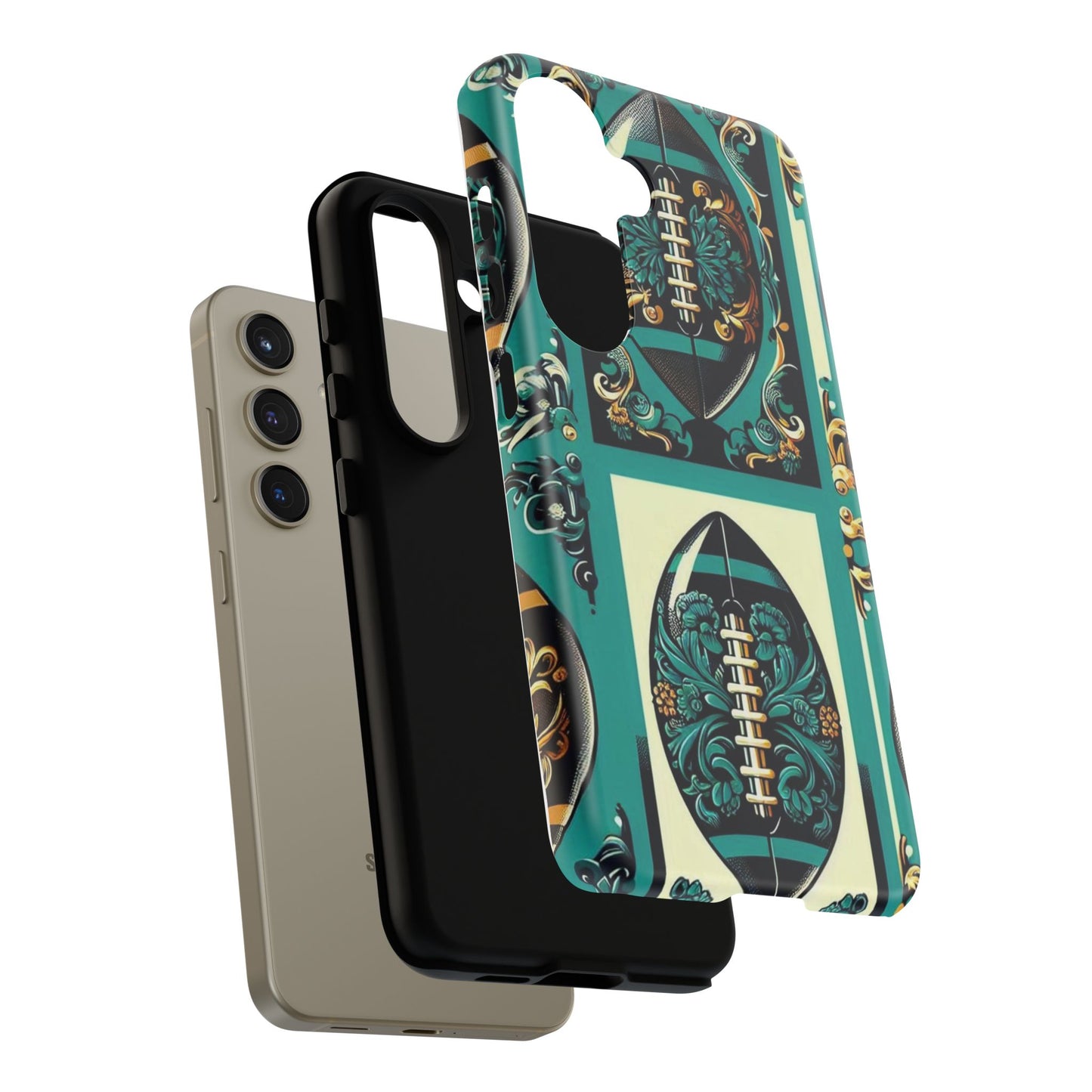 Elegant Floral Motif Phone Case - Tough Cases with Vintage Design -  Damask Teal, Gold & Black Footballs