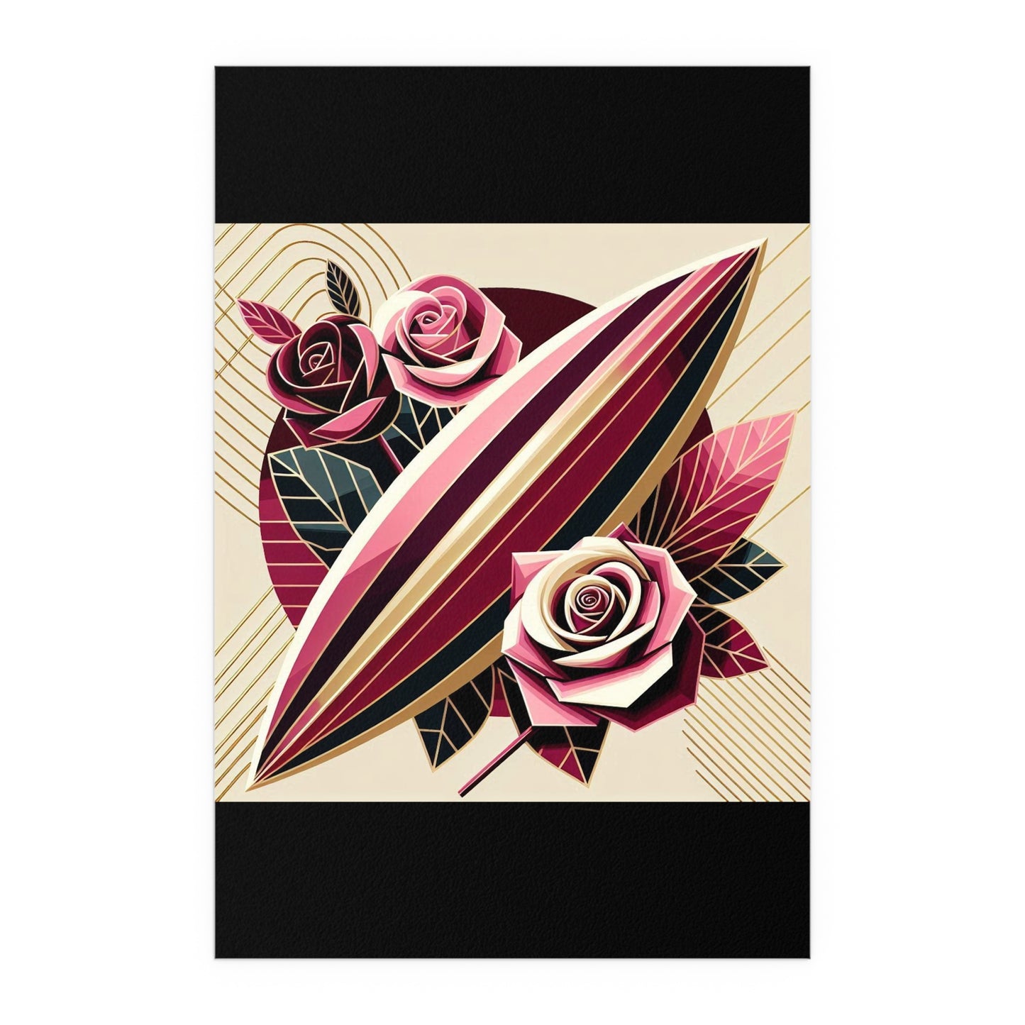 Elegant Floral Silk Poster - Indoor/Outdoor Wall Art for Home Decor - Pink & Burgundy Striped Surfboard & Roses