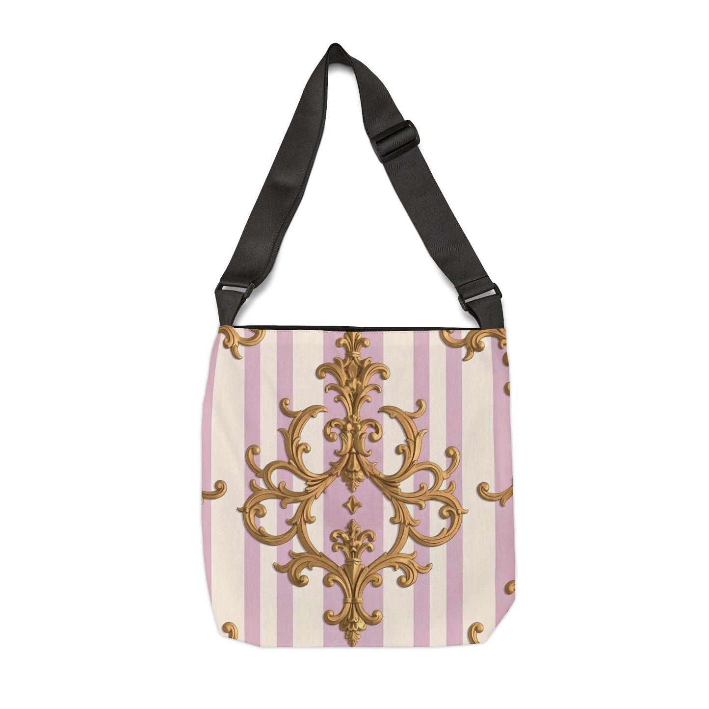 Elegant Floral Adjustable Tote Bag, Perfect for Shopping, Travel, Gym, Gifts, Special Occasions - Lilac & Alabaster Striped Gold Baroque