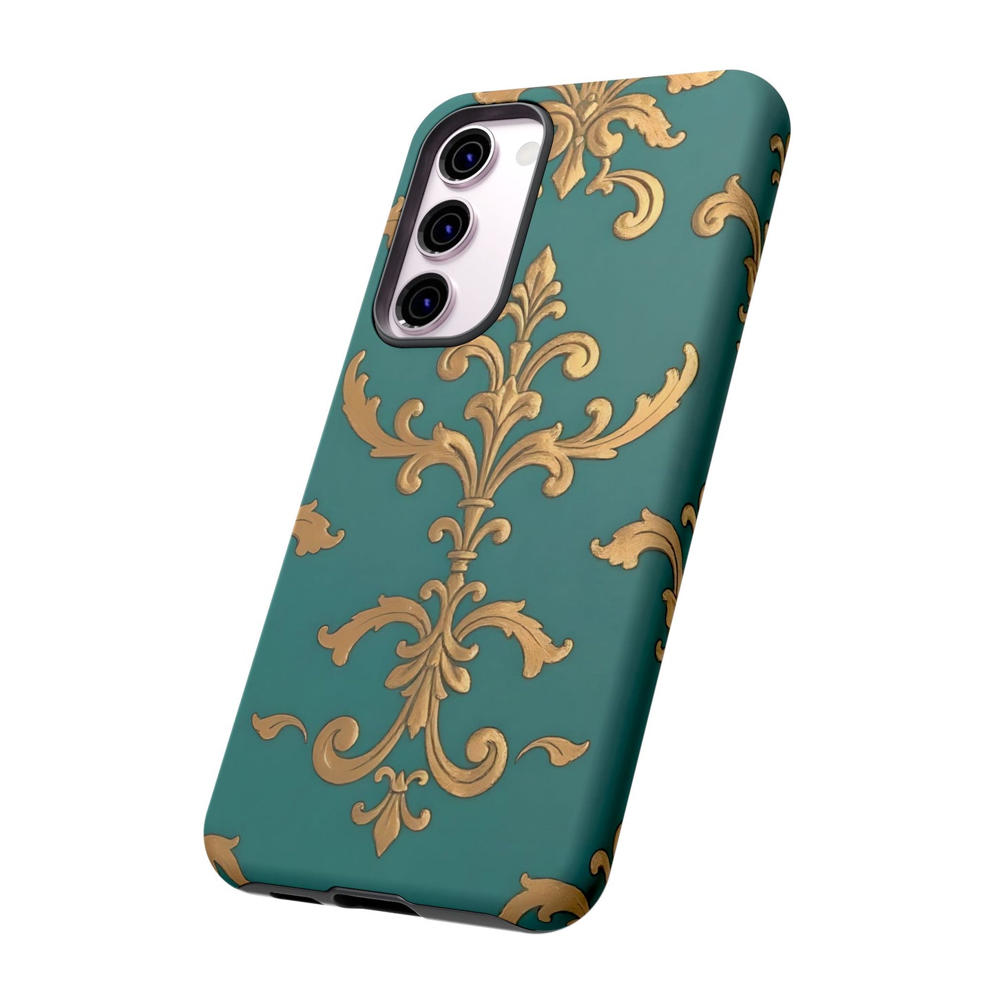 Elegant Floral Motif Phone Case - Tough Cases with Vintage Design - Aqua & Gold Damask