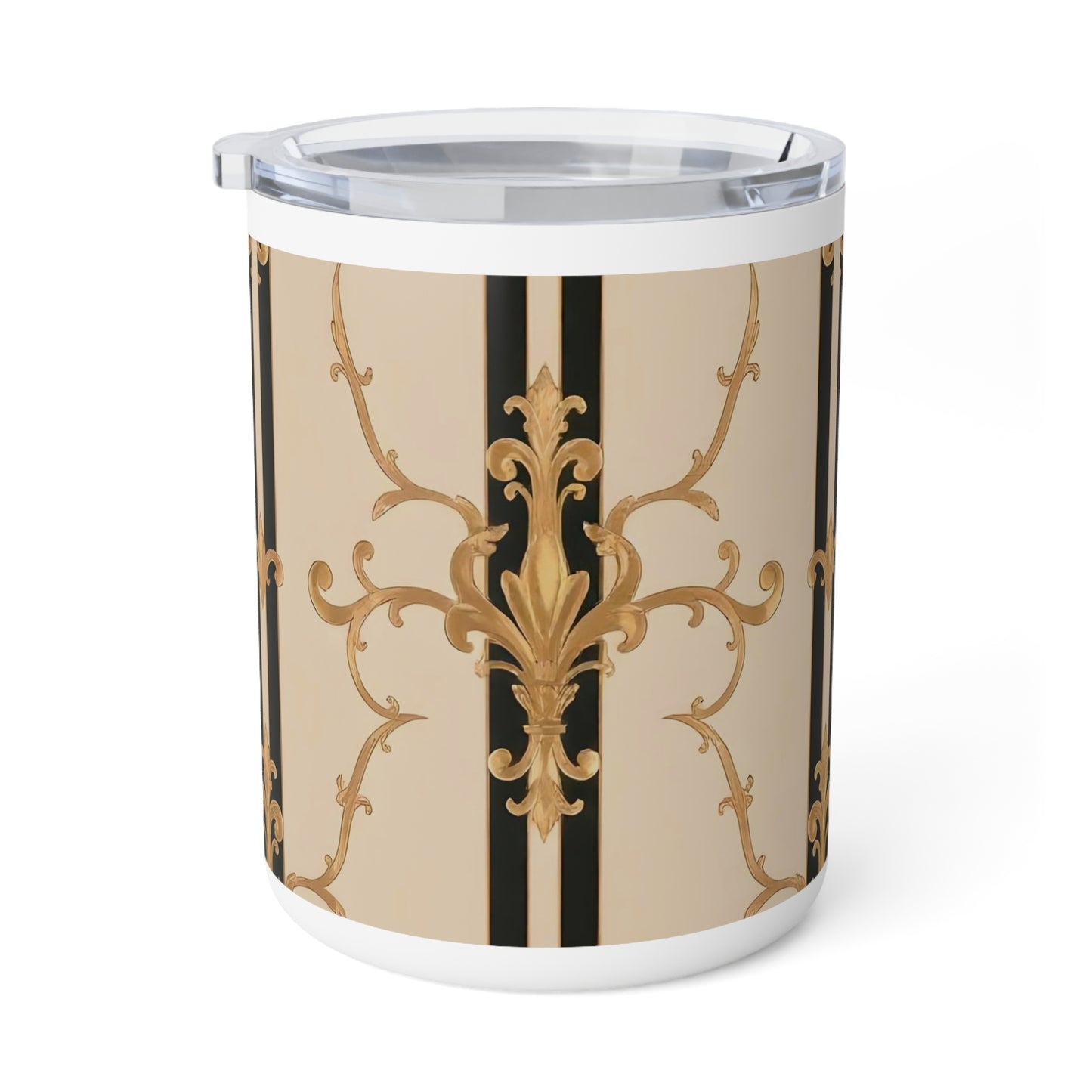 Stylish Insulated Coffee Mug - Elegant Black & Gold Design, 10oz Travel Mug for Coffee Lovers, Gift Idea - Black & Beige Striped Damask