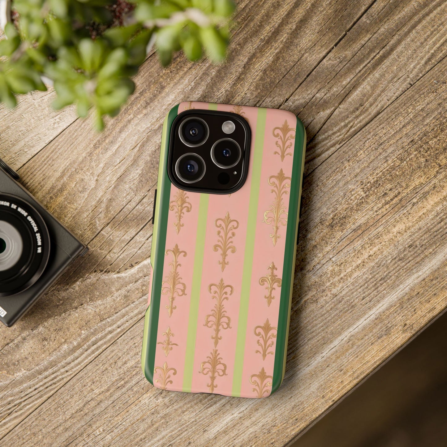 Elegant Floral Motif Phone Case - Tough Cases with Vintage Design - Lime Green & Pink Striped Damask