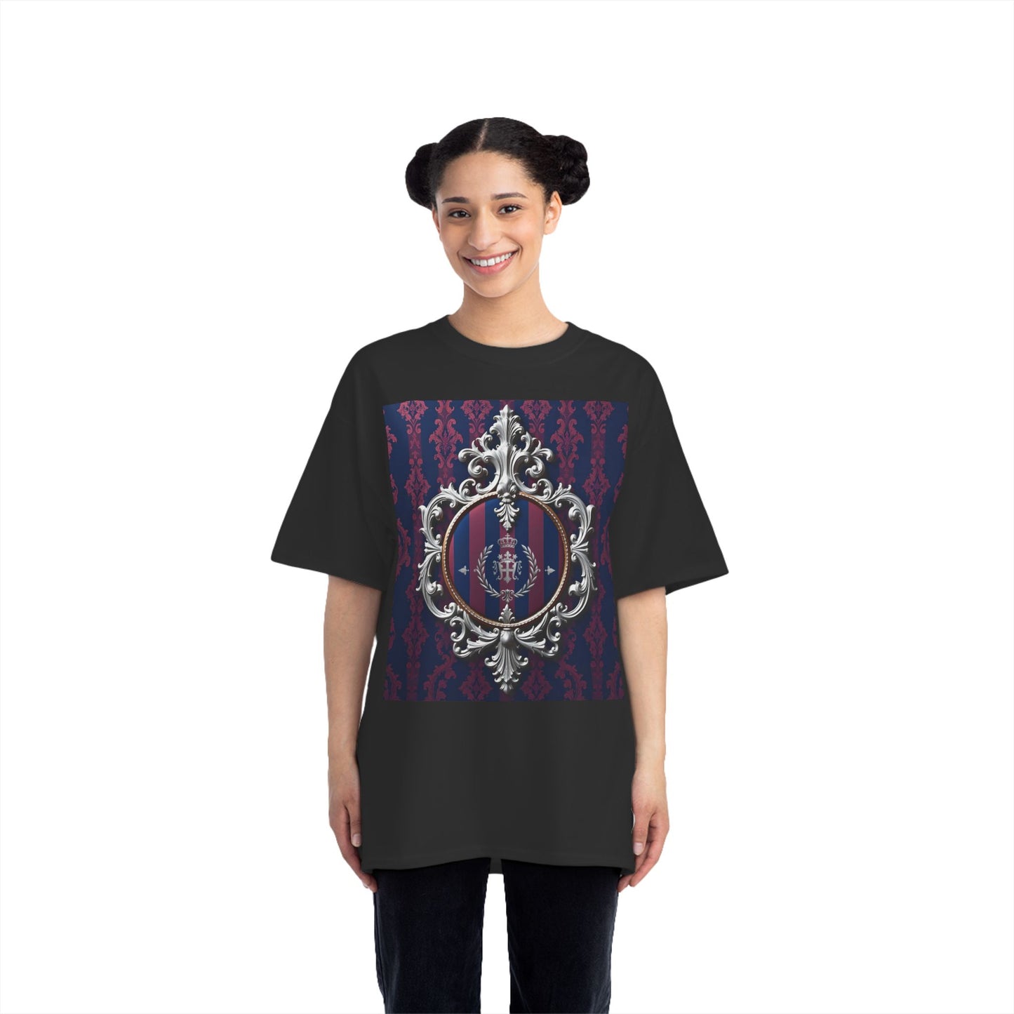 Elegant Unisex Graphic T-Shirt - Vintage Inspired, Casual Wear, Unique Gift, Art Tee, Fashion Statement - Blue & Plum Striped Silver Crest