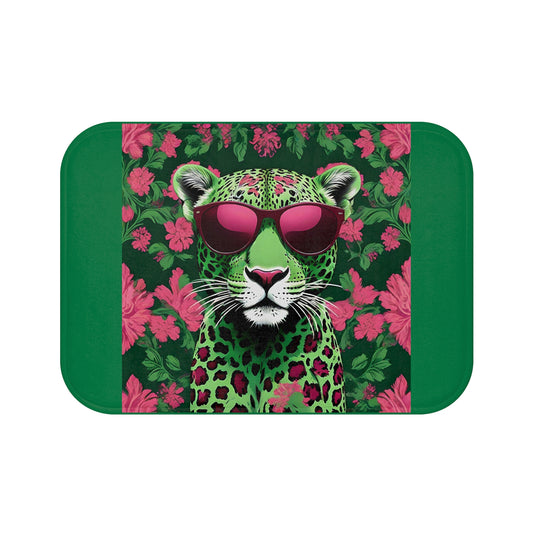 Elegant Vintage Bath Mat with Ornate Design for Luxurious Home Decor - Lime Green & Burgundy Leopard In Sunglasses Design