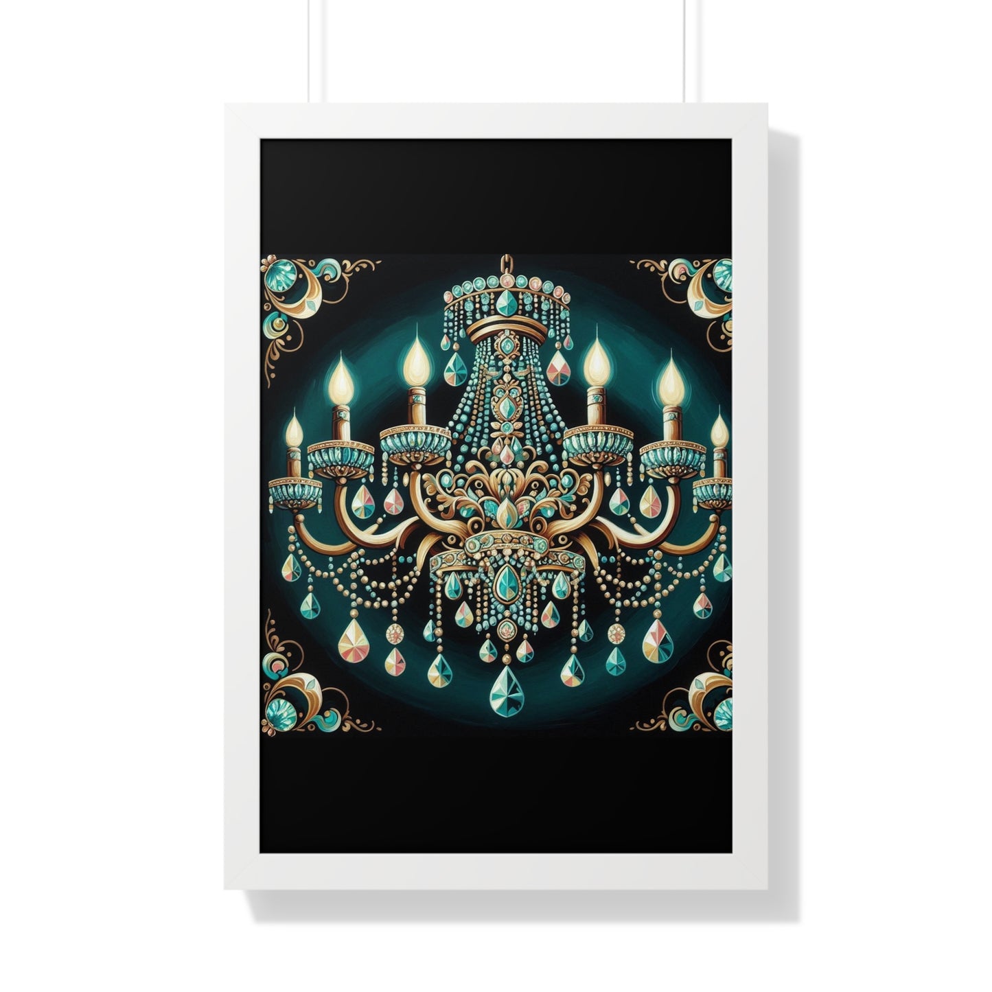 Elegant Chandelier Art Print, Framed Vertical Poster, Home Decor, Wall Art, Gift for Her, Luxury Interior Decoration - Teal Jeweled Chandelier