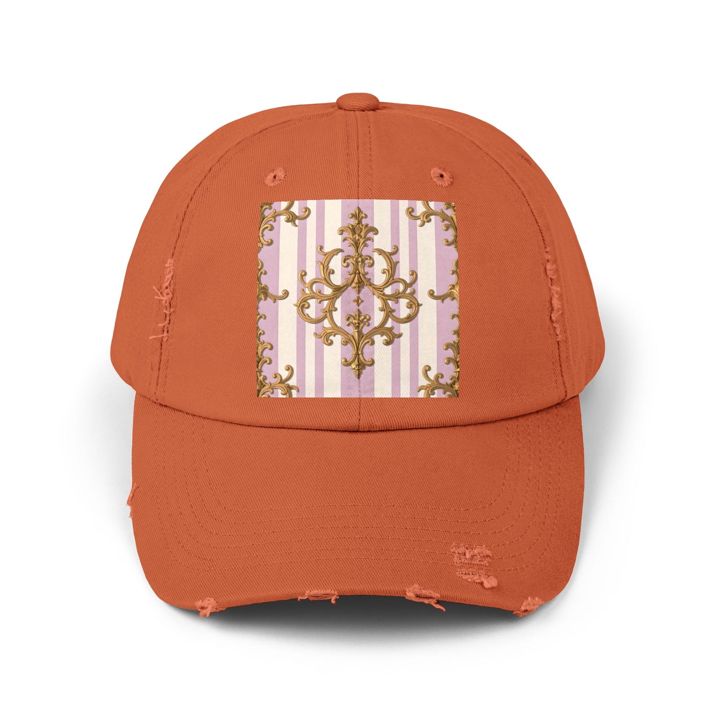 Chic Distressed Cap with Elegant Design | Trendy Accessory, Gift for Fashion Lovers, Perfect for Casual Outings - Lilac & Alabaster Striped Gold Baroque
