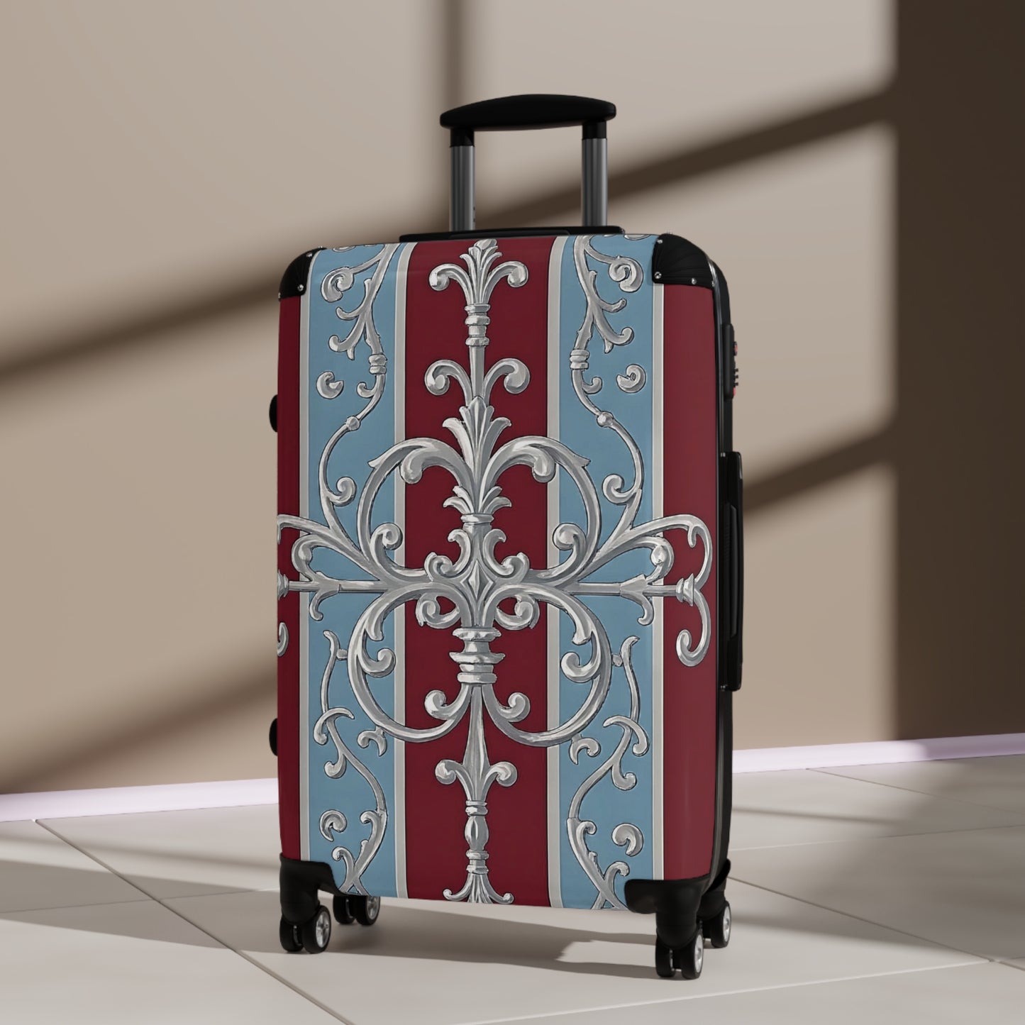 Stylish Travel Suitcase with Elegant Floral Design - Ice Blue & Burgundy Striped Baroque
