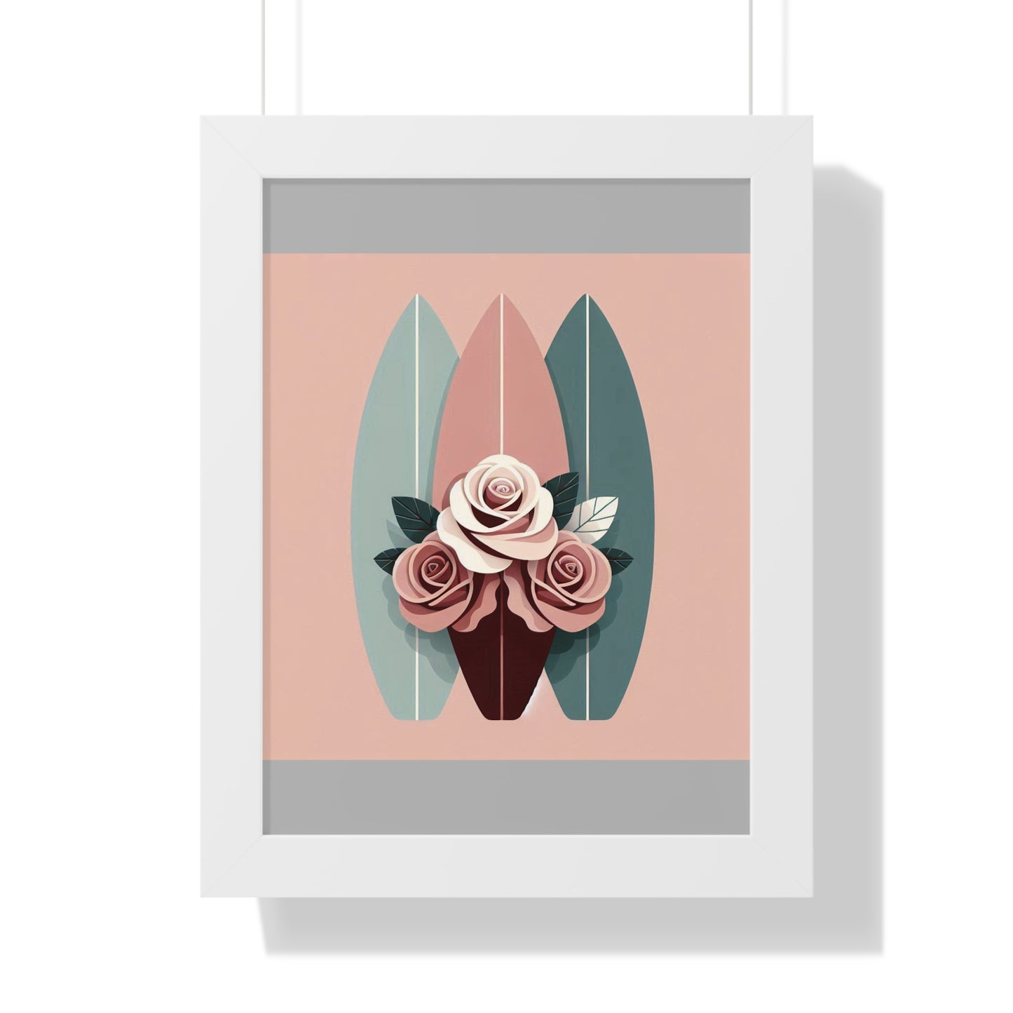 Vertical Poster - Burgundy, Matte Mauve & Teal Surfboard & Roses Wall Art