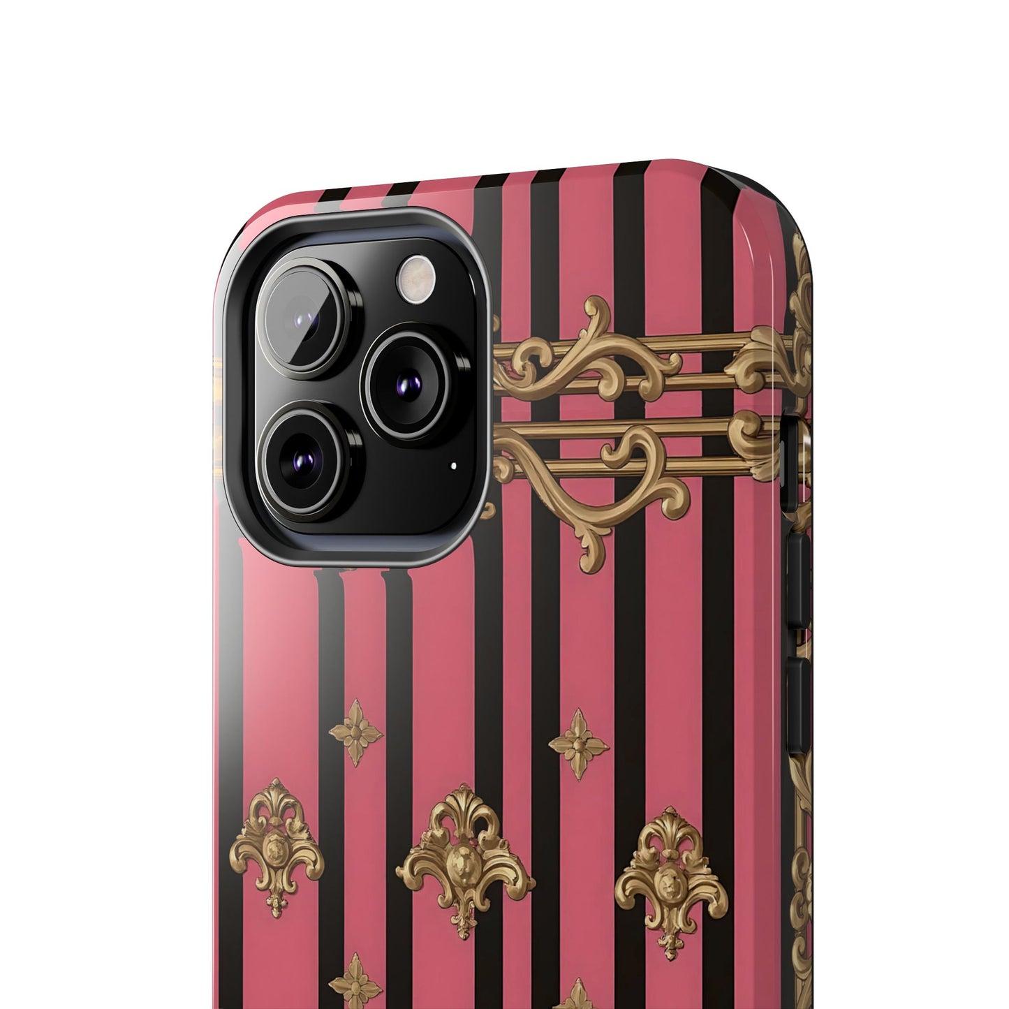 Elegant Floral Phone Cases, Stylish Protective Case for Trendy Individuals, Unique Gift for Tech Lovers, Phone Accessories - Pink Striped Gold Rococo