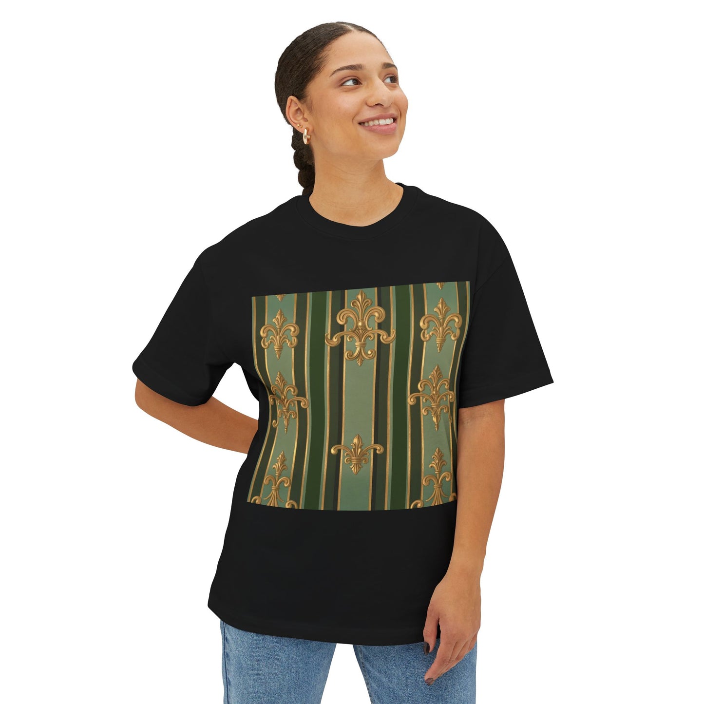 Elegant Vintage-Inspired Boxy Tee, Relaxed Fit Graphic T-Shirt, Floral Design Top, Perfect for Casual Outings - Green Striped Gold Baroque