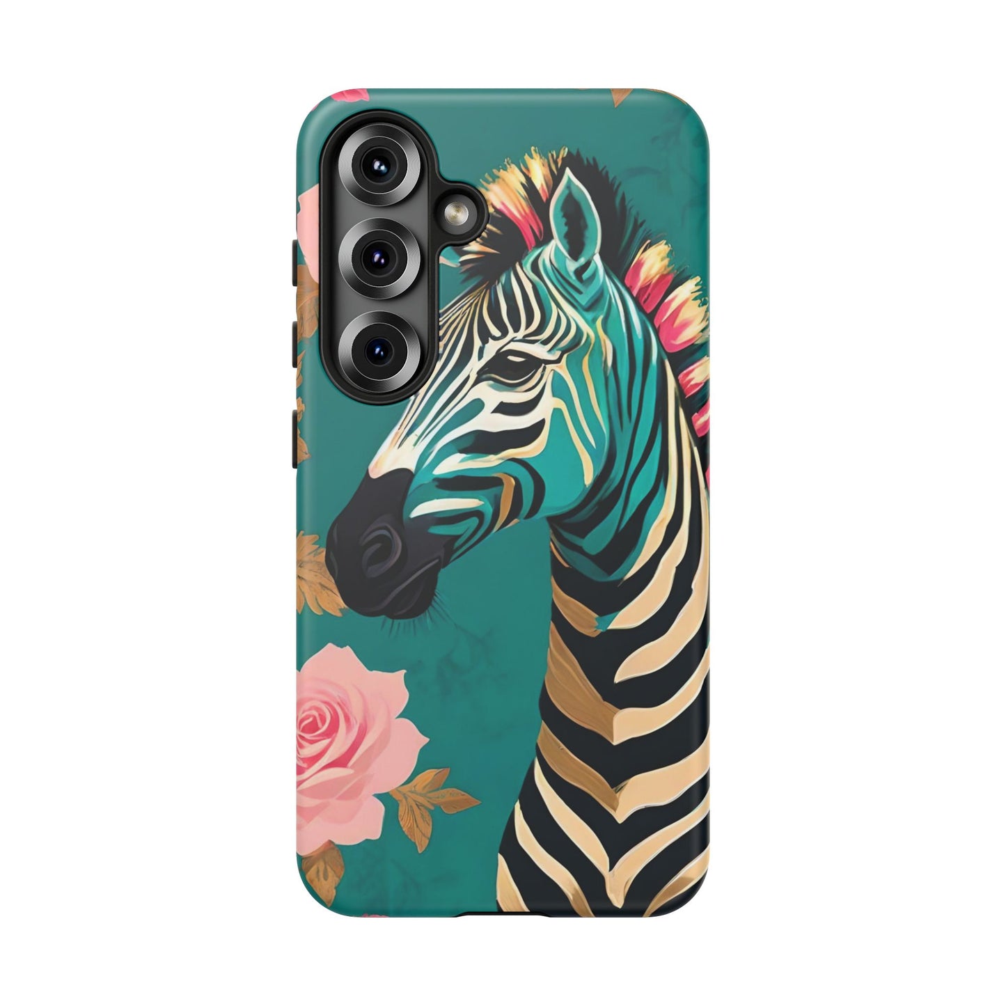 Phone Case - Elegant Teal & Gold Zebra & Roses Design