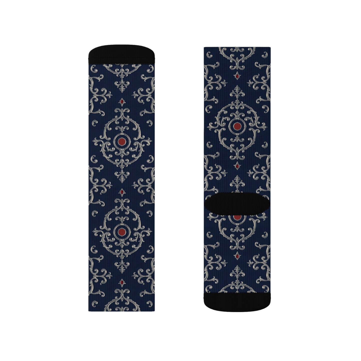 Stylish Sublimation Socks for Everyday Comfort, Unique Gift for Sock Lovers, Cozy Footwear for All Occasions - Blue & Red Striped Silver Baroque