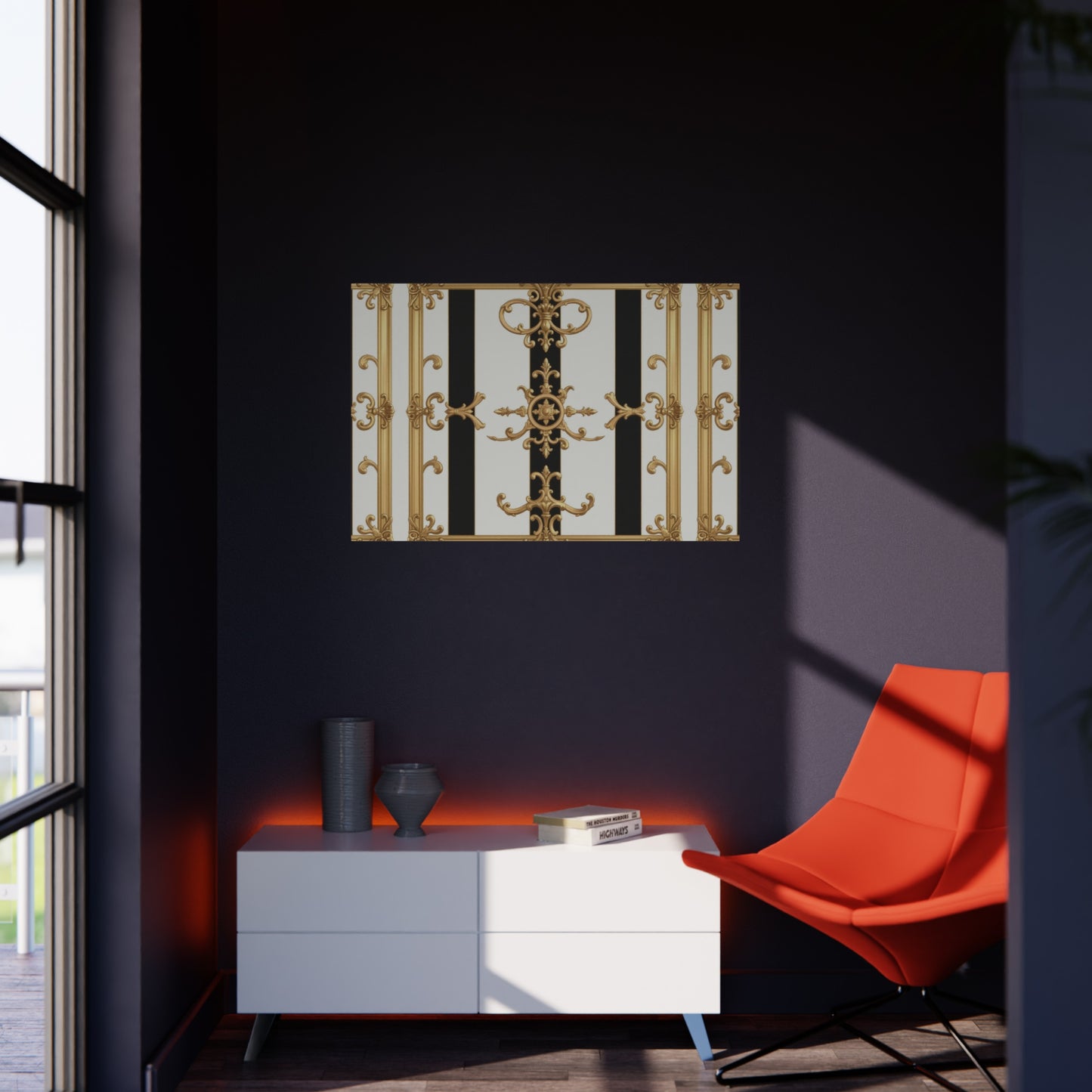Elegant Foam Board Wall Art, Decorative Display, Home Decor, Office Decor, Visual Boards, Art Displays - Black & White Striped Gold Baroque