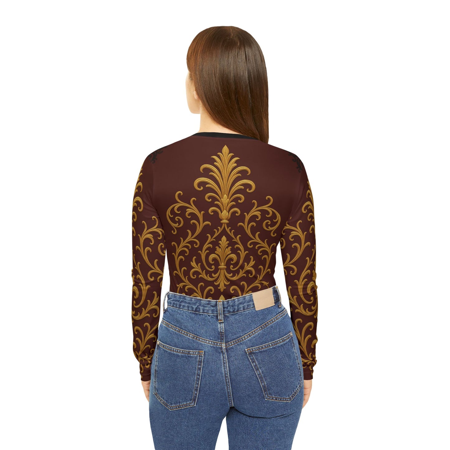 Dusk Burgundy-Black & Gold Baroque Women's V-Neck Long Sleeve Top — Vintage Gold Baroque Burgundy All-Over Print