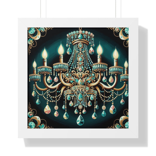 Elegant Chandelier Framed Horizontal Poster, Vintage Wall Art, Home Decor, Gift for Art Lovers - Teal Jeweled Chandelier