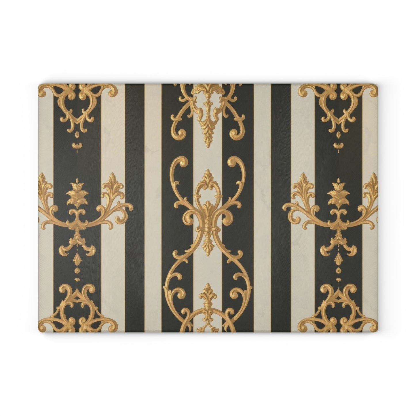 Elegant Black and Alabaster Striped Baroque Glass Cutting Board with Gold and Black Design, Kitchen Decor, Gift for Chefs, Wedding Present