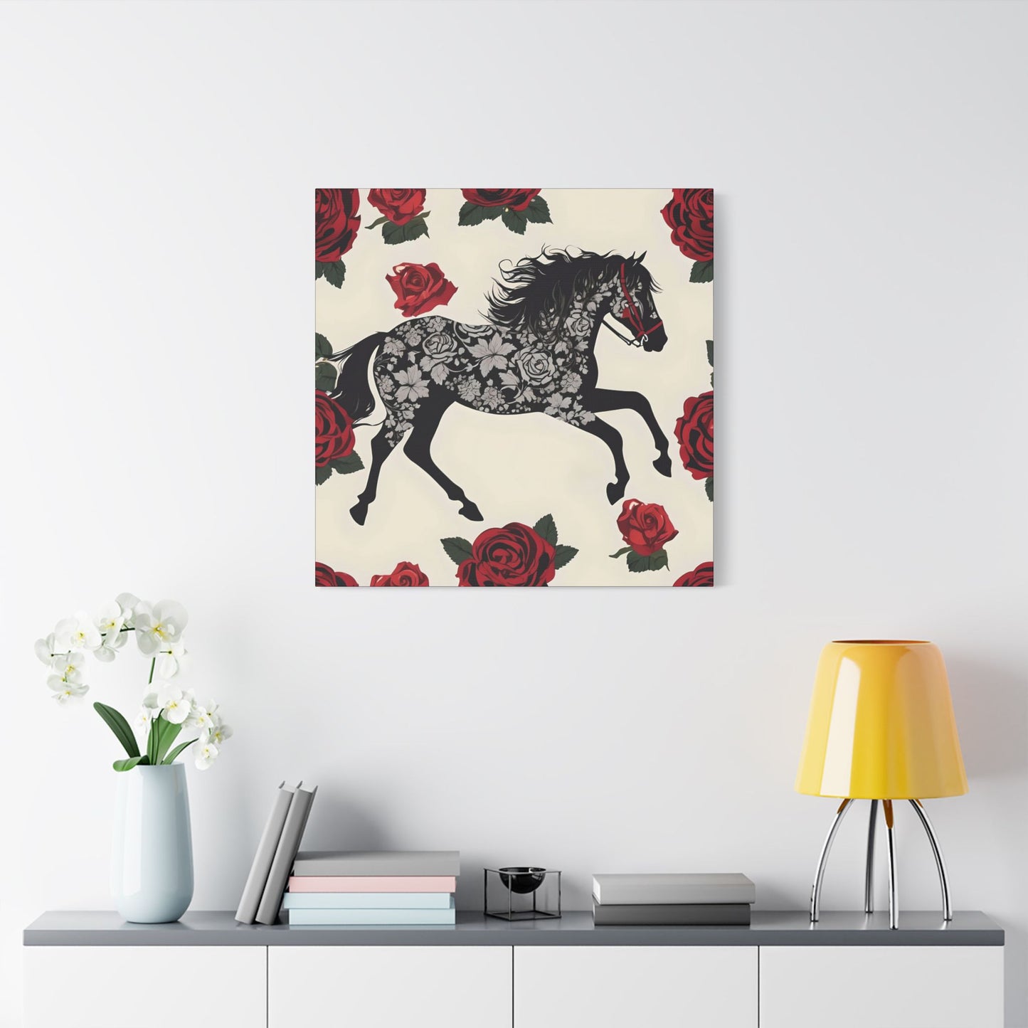 Art Print Canvas, Wall Decor, Satin Stretched Canvas, Equestrian Art, Office Decor, Home Decor - Horse & Roses