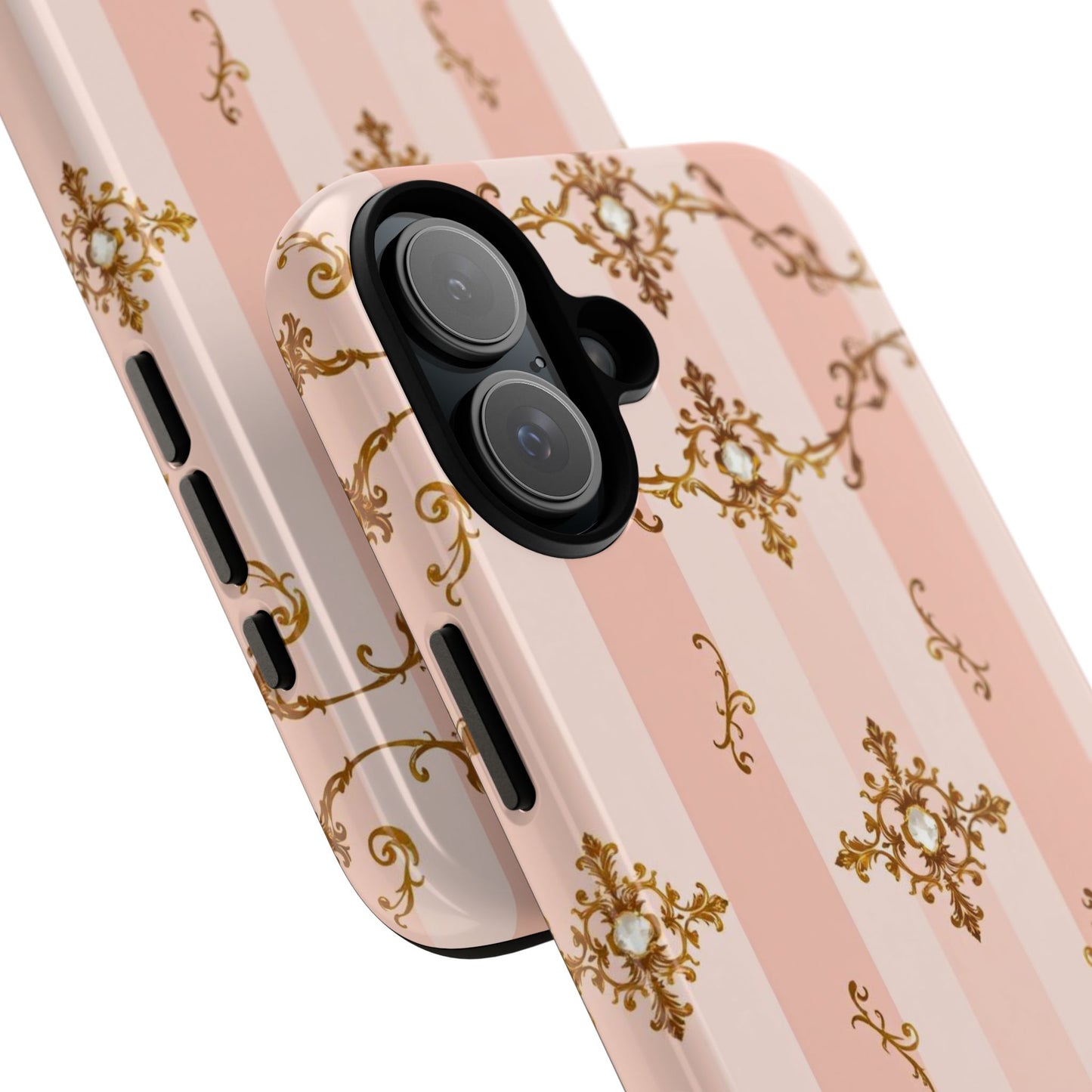 Elegant Floral Phone Case, Tough Cases for Women, Trendy Phone Cover, Chic Gift - Pink Jeweled Striped Gold Baroque