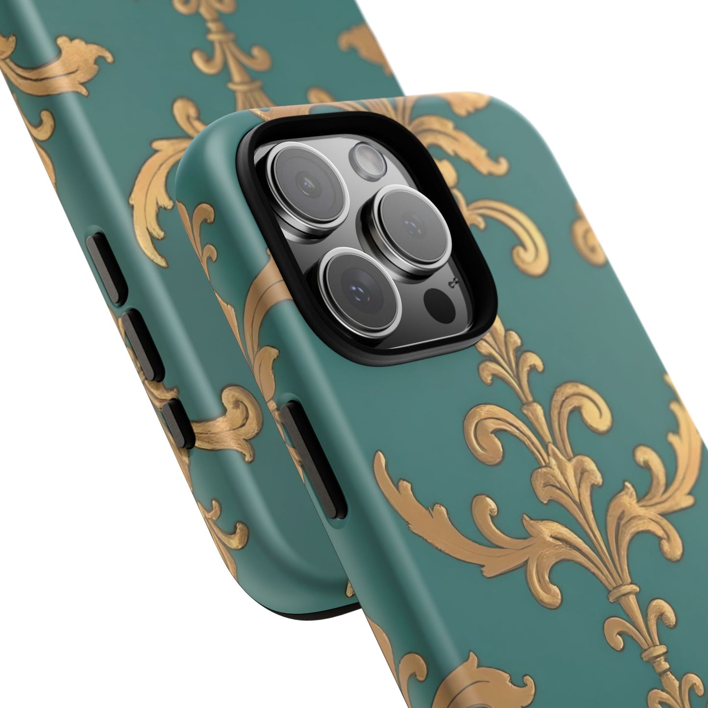 Elegant Floral Motif Phone Case - Tough Cases with Vintage Design - Aqua & Gold Damask