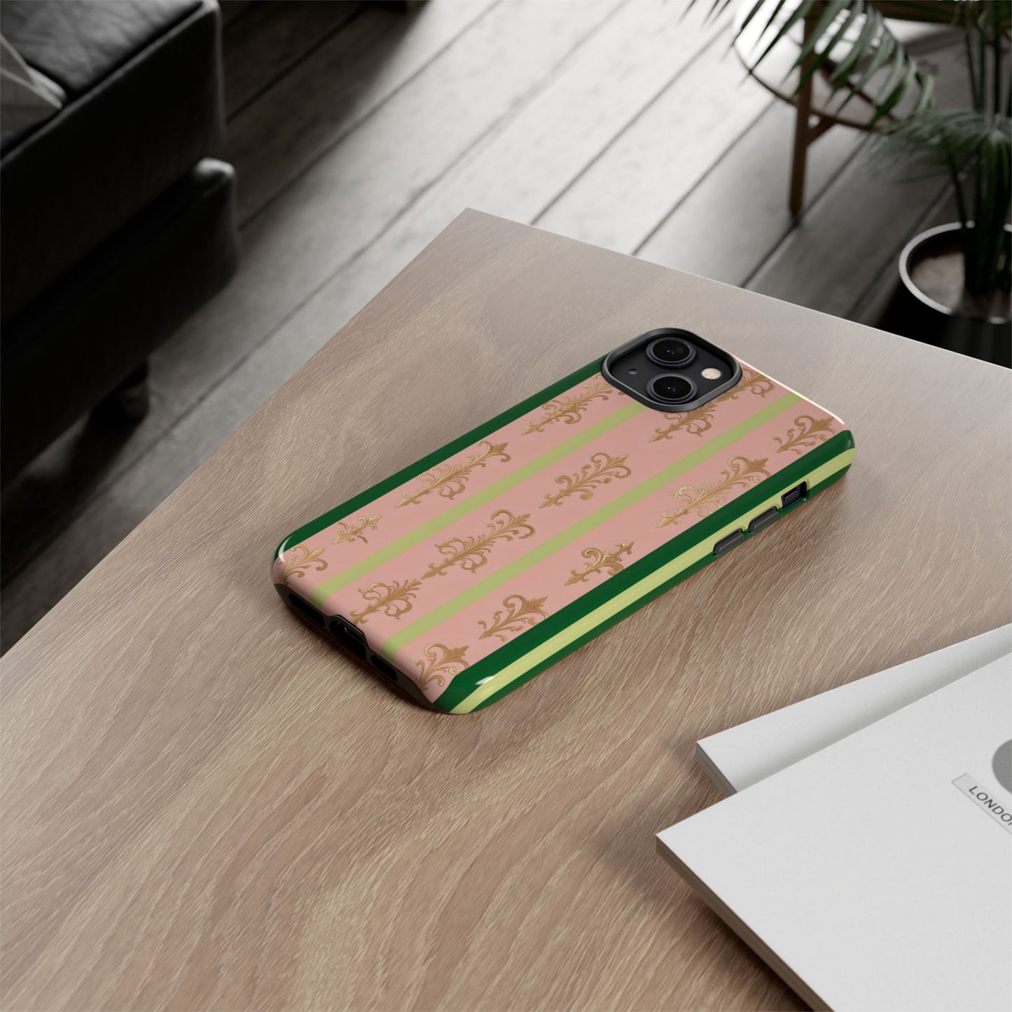 Elegant Floral Motif Phone Case - Tough Cases with Vintage Design - Lime Green & Pink Striped Damask