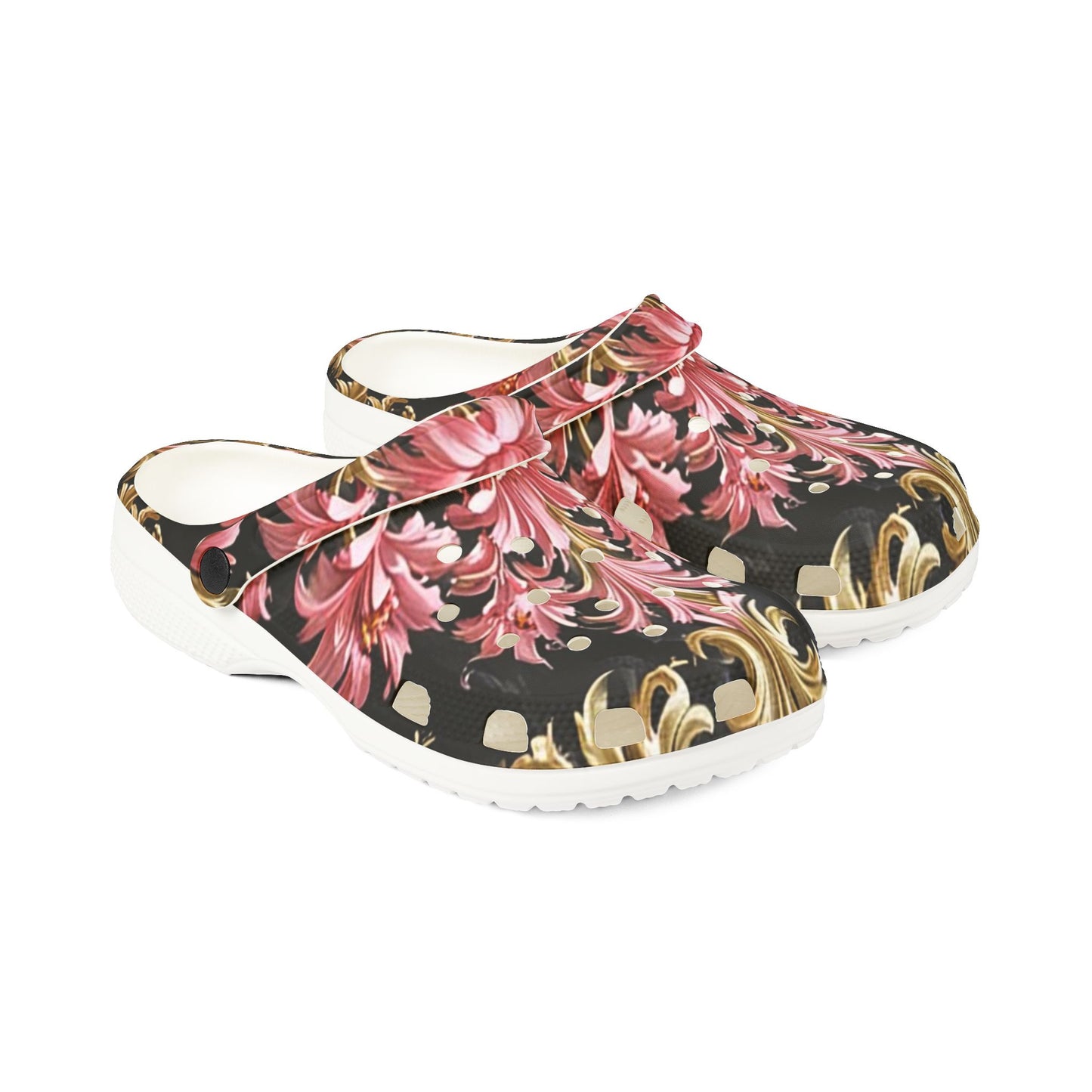 Floral Foam Clogs: Stylish Comfort Shoes for Everyday Wear, Garden Parties, Casual Outings - Black & Pink Oil Painting Style Rococo