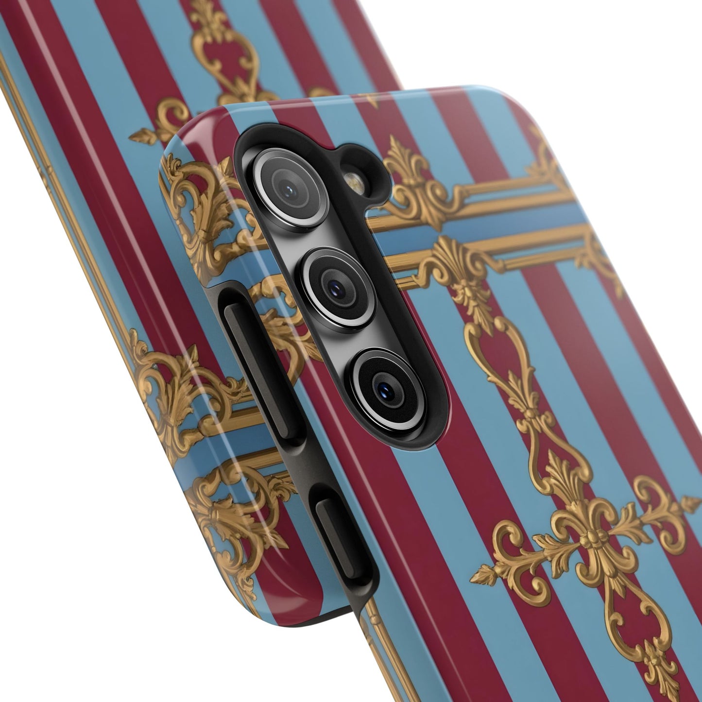 Elegant Patterned Tough Phone Cases, Stylish Phone Cover, Durable Phone Protection, Unique Gift Idea - Sky Blue & Maroon Striped Baroque