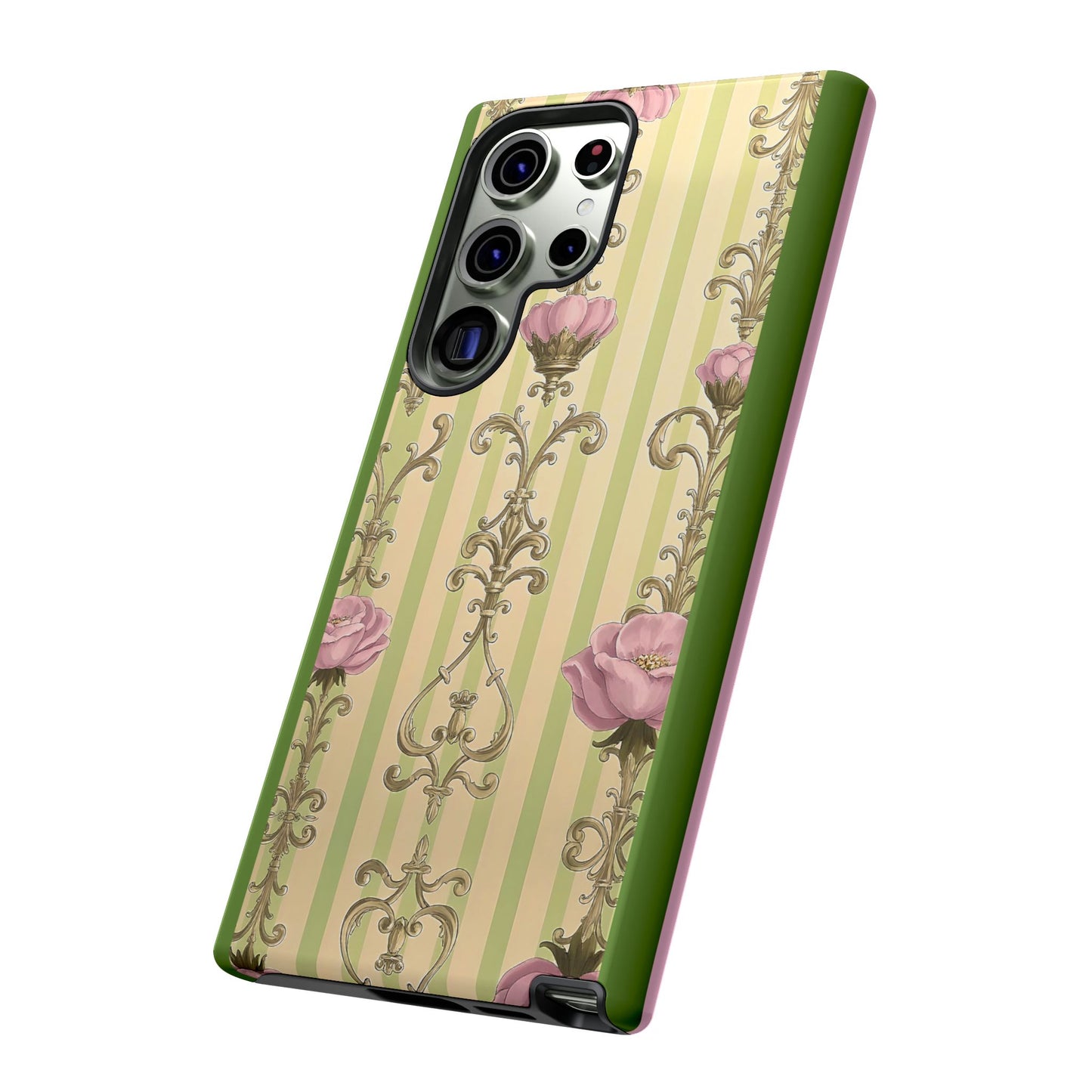 Elegant Floral Motif Phone Case - Tough Cases with Vintage Design - Lime Green & Pink Striped Damask