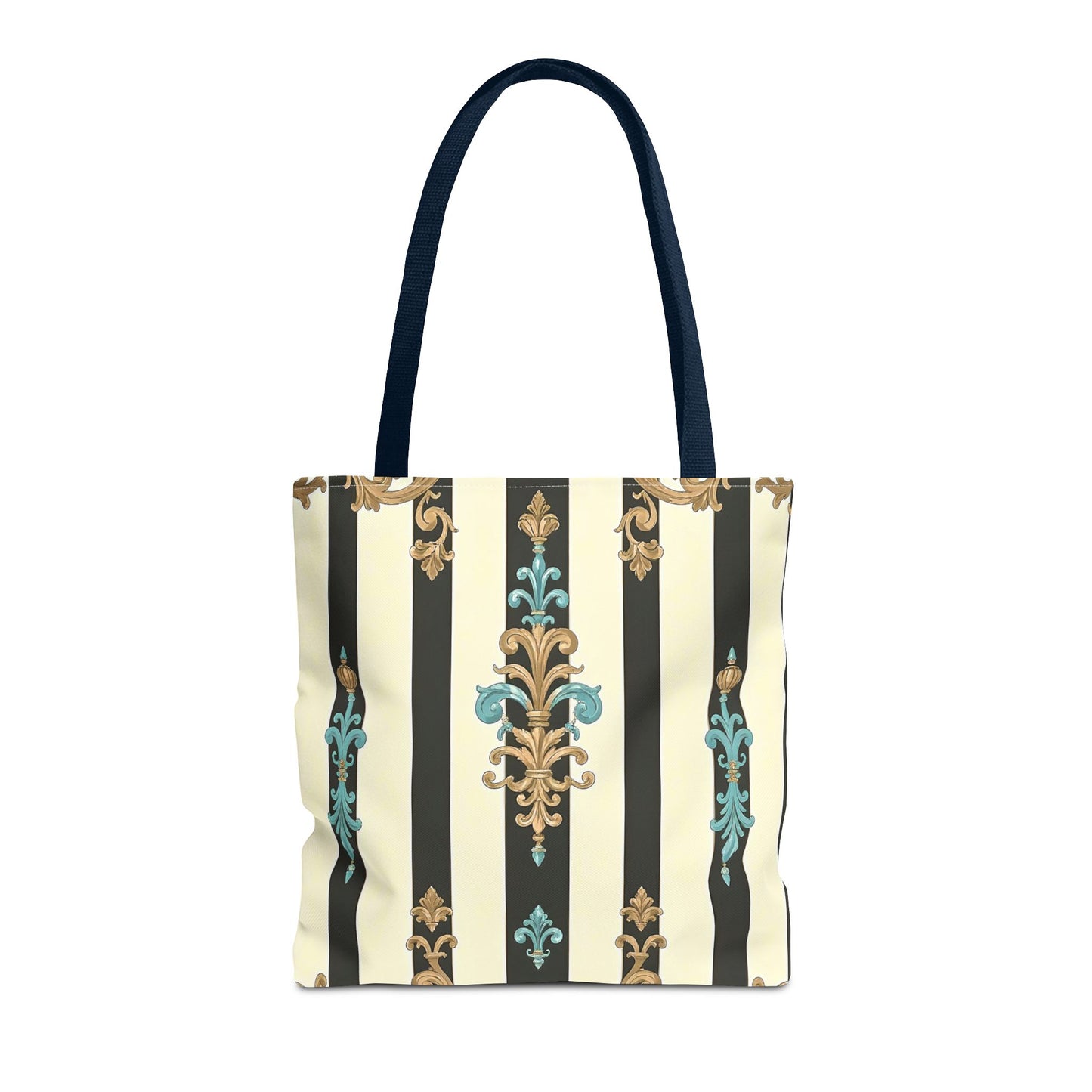 Elegant Stripe Pattern Tote Bag | Fashionable Reusable Shopping Tote, Eco-Friendly Gift Bag - Black Striped Turquoise & Black Rococo