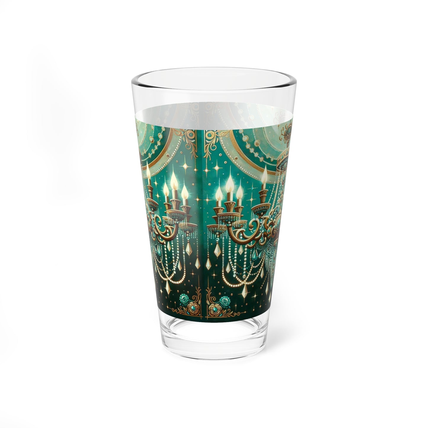 Mixing Glass, 16oz - Green & Gold Jeweled Chandelier