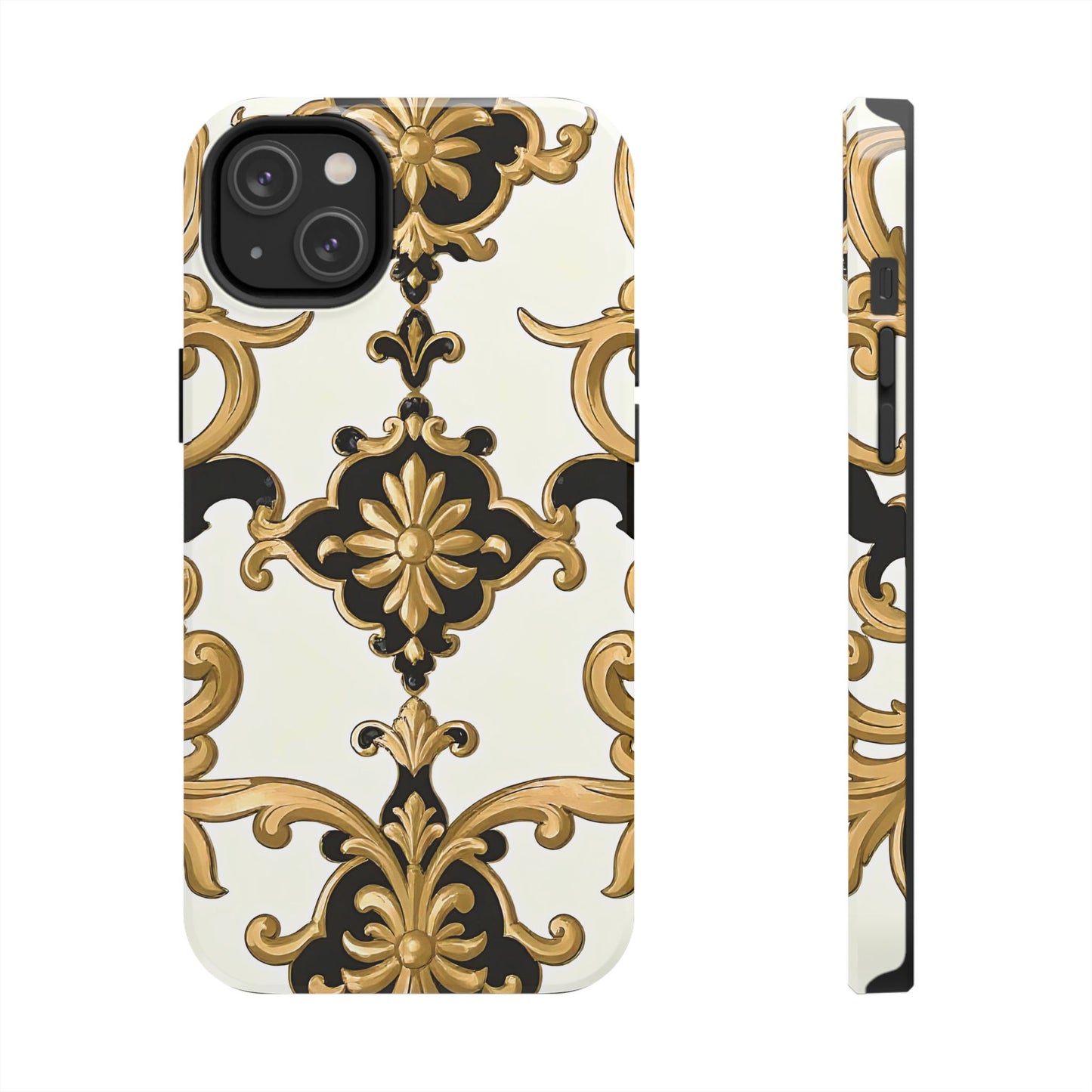 Elegant Floral Tough Phone Cases, Durable Phone Cover, Stylish Phone Accessories, Gift for Her, Chic Phone Cases - Black & Gold Rococo