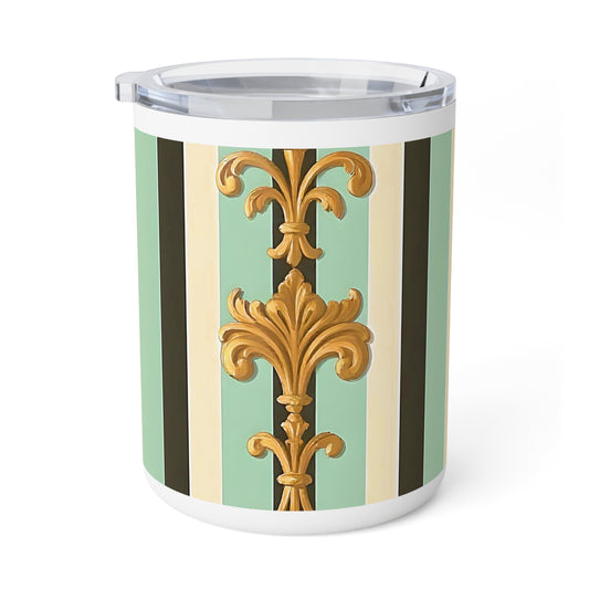 Elegant Insulated Coffee Mug, 10oz - Stylish Hot Beverage Container for Home, Office, Gifts, Parties, or Weddings - Black & Matte Mint Striped Rococo
