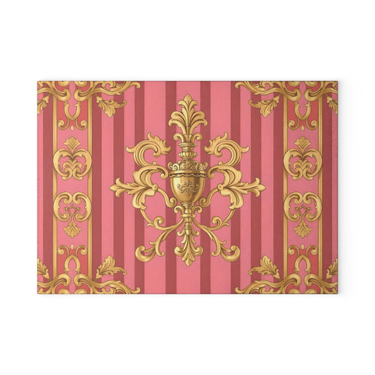 Elegant Vintage Glass Cutting Board - Decorative Kitchenware, Home Decor Gift, Cooking Essential, Bridal Shower Gift - Pink Striped Gold Baroque