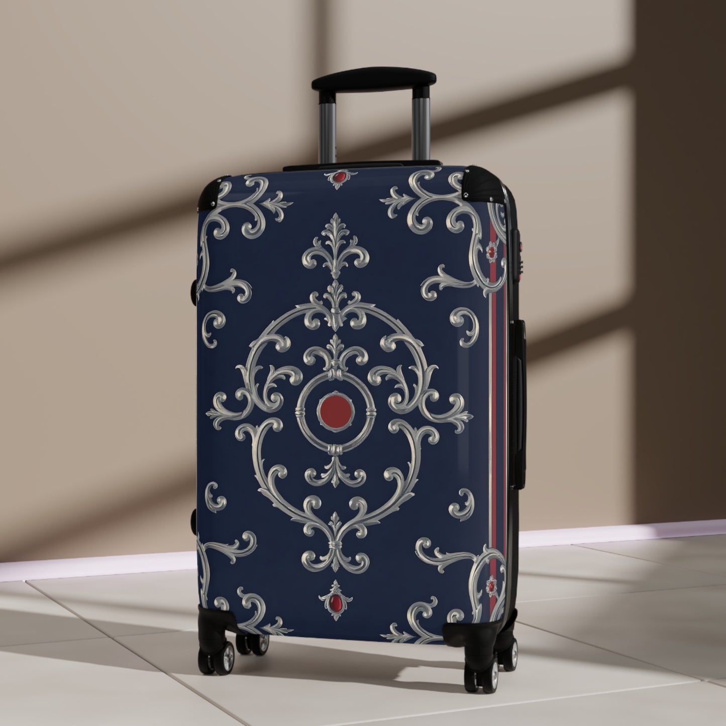 Stylish Travel Suitcase with Elegant Design, Luggage for Vacations, Weekend Getaways, Travel Accessories - Blue & Red Silver Baroque