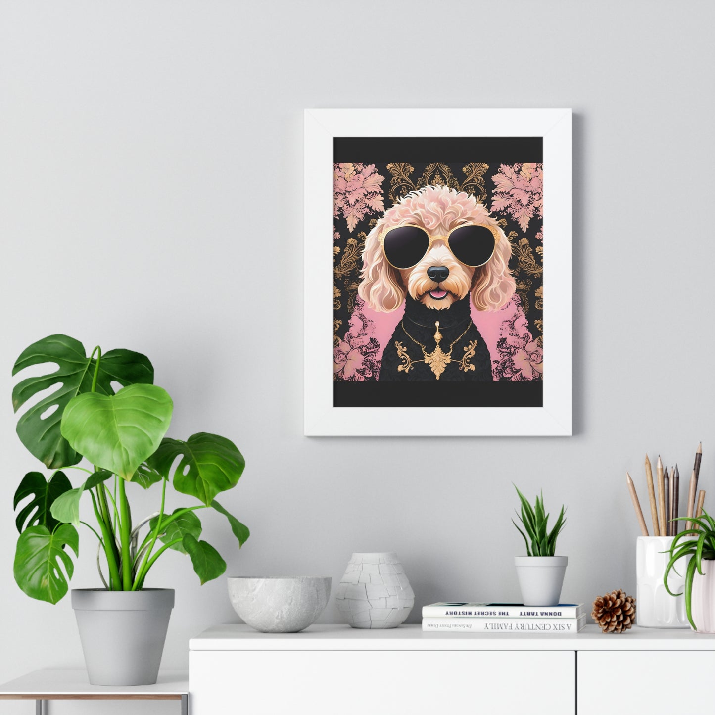 Vertical Poster - Golden Doodle in Damask and Shades - Wall Art - Kid Friendly