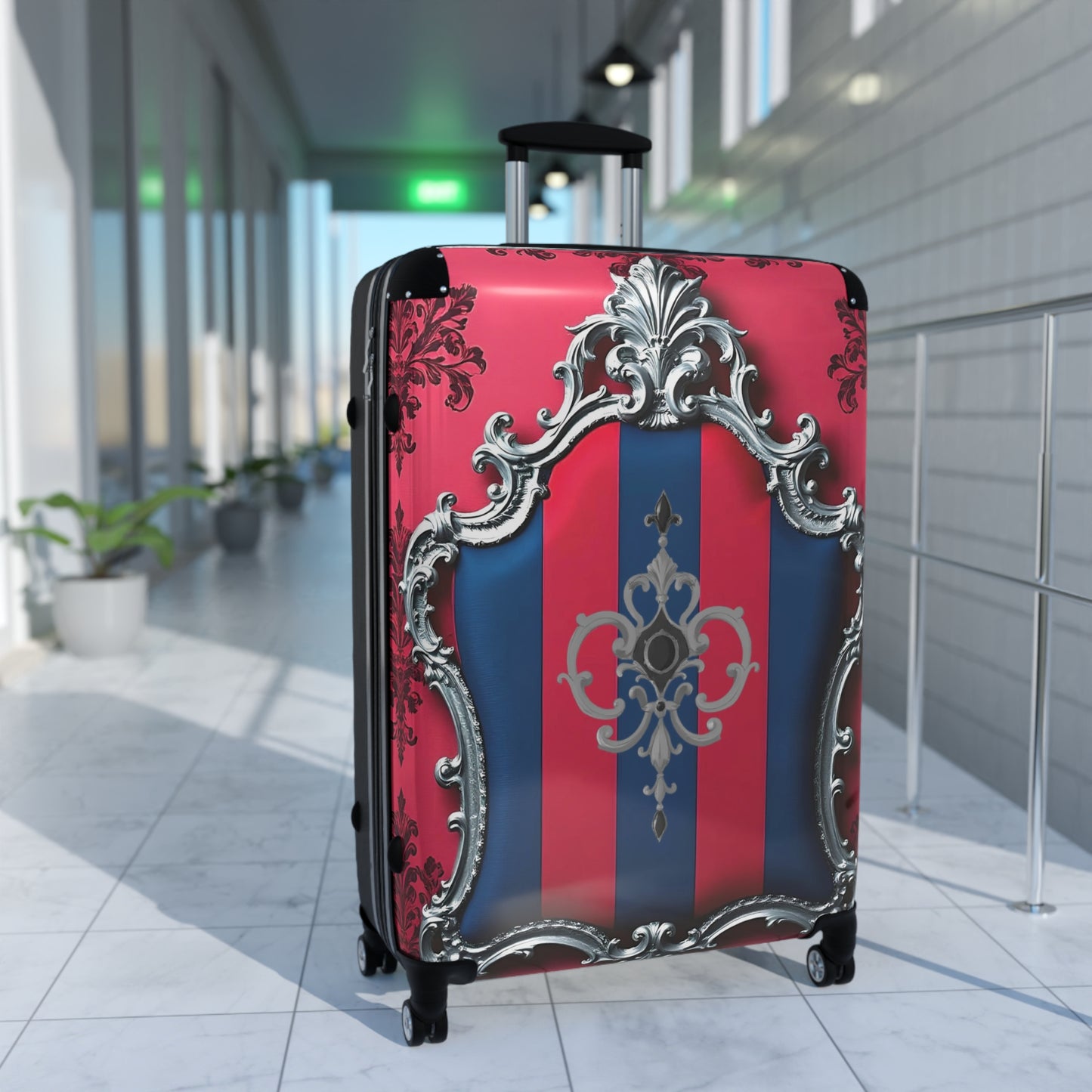 Elegant Travel Suitcase, Lightweight Luggage, Stylish Carry-On, Perfect for Vacation, Unique Gift for Travelers - Blue & Red Striped Silver Crest