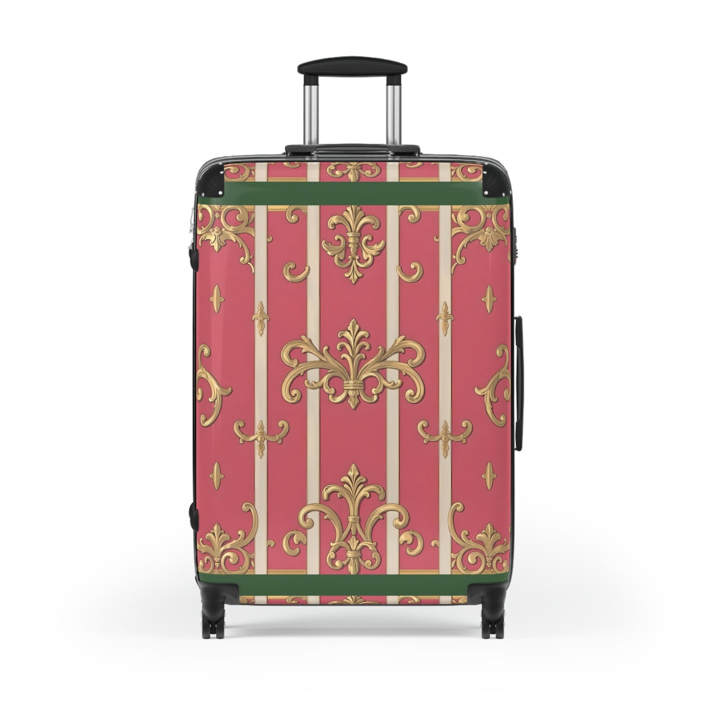 Elegant Green Border Pink Striped Baroque Suitcase for Travelers, Stylish Luggage for Vacations and Getaways, Gift for Adventure Lovers