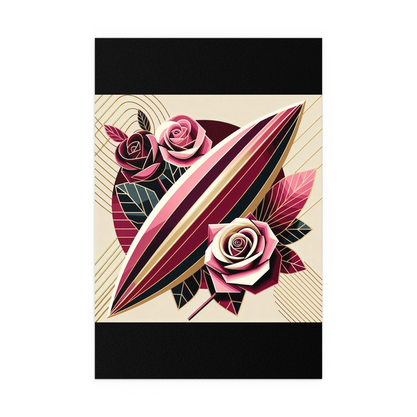 Elegant Floral Silk Poster - Indoor/Outdoor Wall Art for Home Decor - Pink & Burgundy Striped Surfboard & Roses