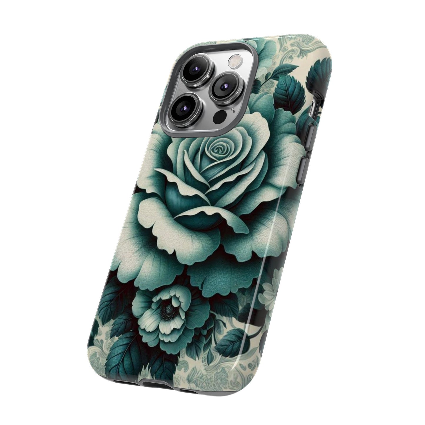 Elegant Floral Motif Phone Case - Tough Cases with Vintage Design - Teal Roses & Damask